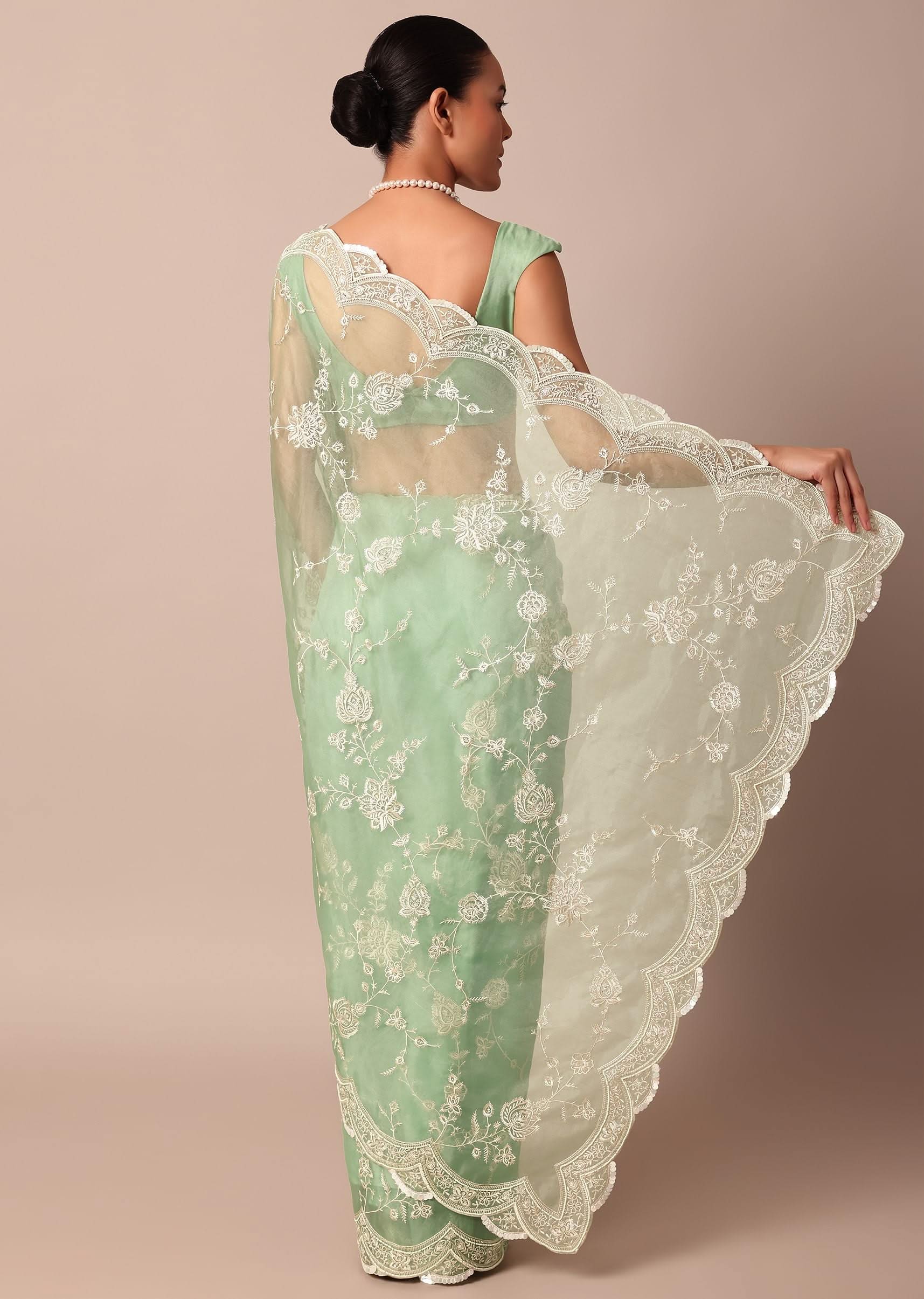Sea Green Chikankari Saree In Organza Silk With Sequin Scallop Border And Unstitched Blouse Fabric - Image 4