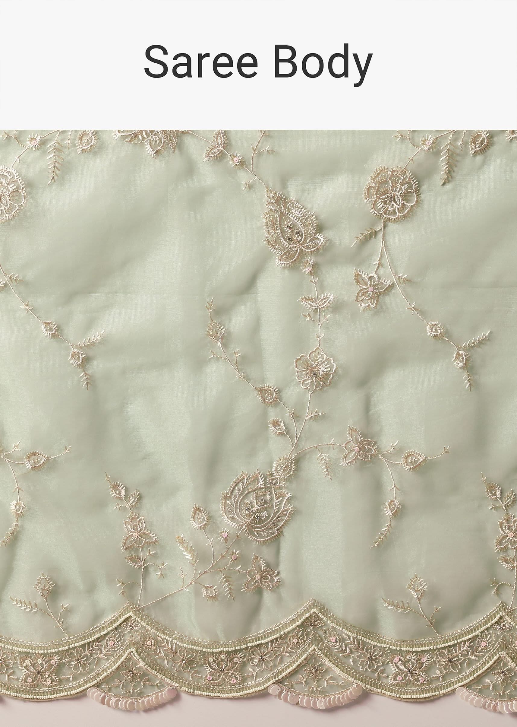 Sea Green Chikankari Saree In Organza Silk With Sequin Scallop Border And Unstitched Blouse Fabric - Image 9