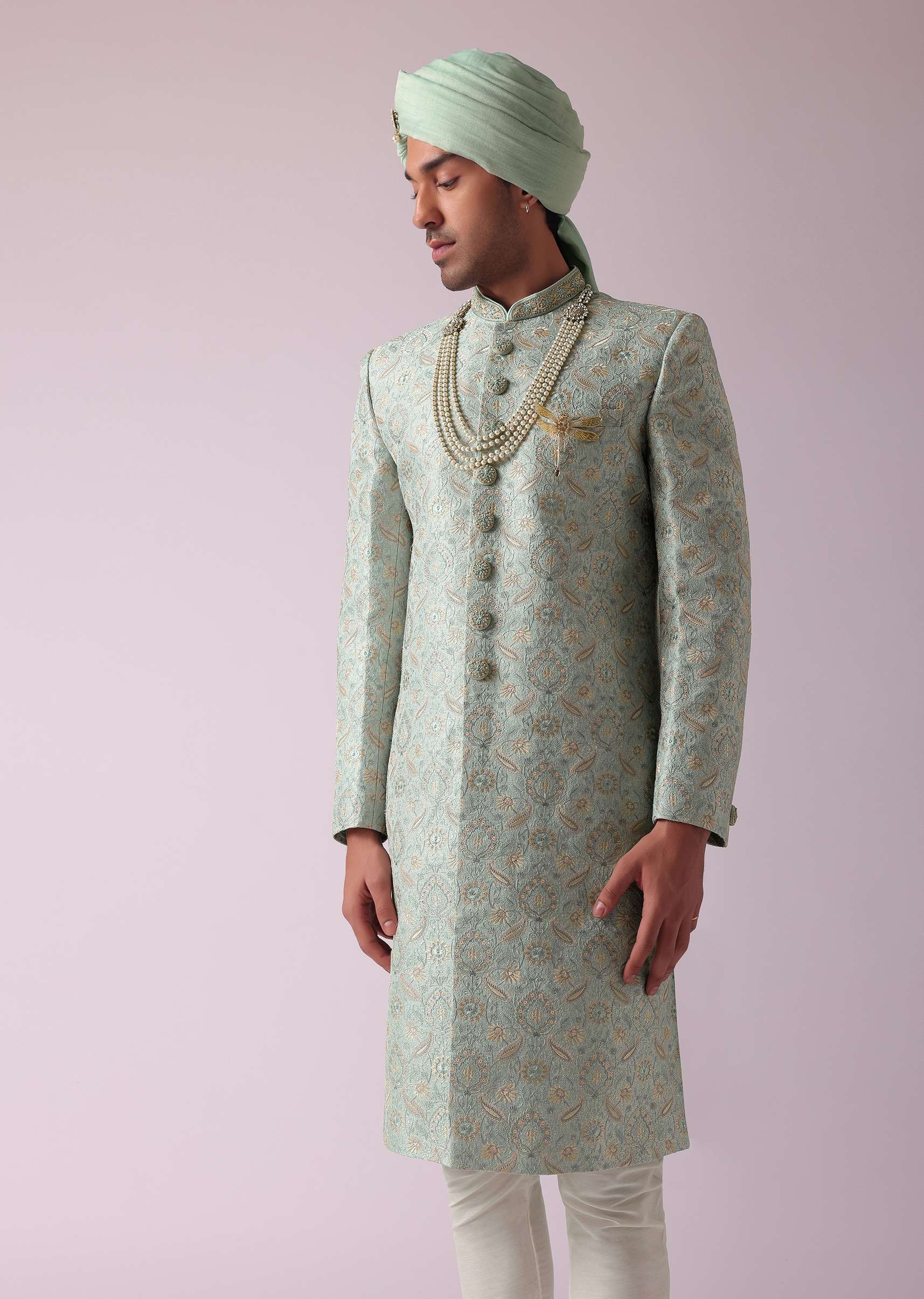 Sea Green Silk Embroidered Sherwani Set - Image 3