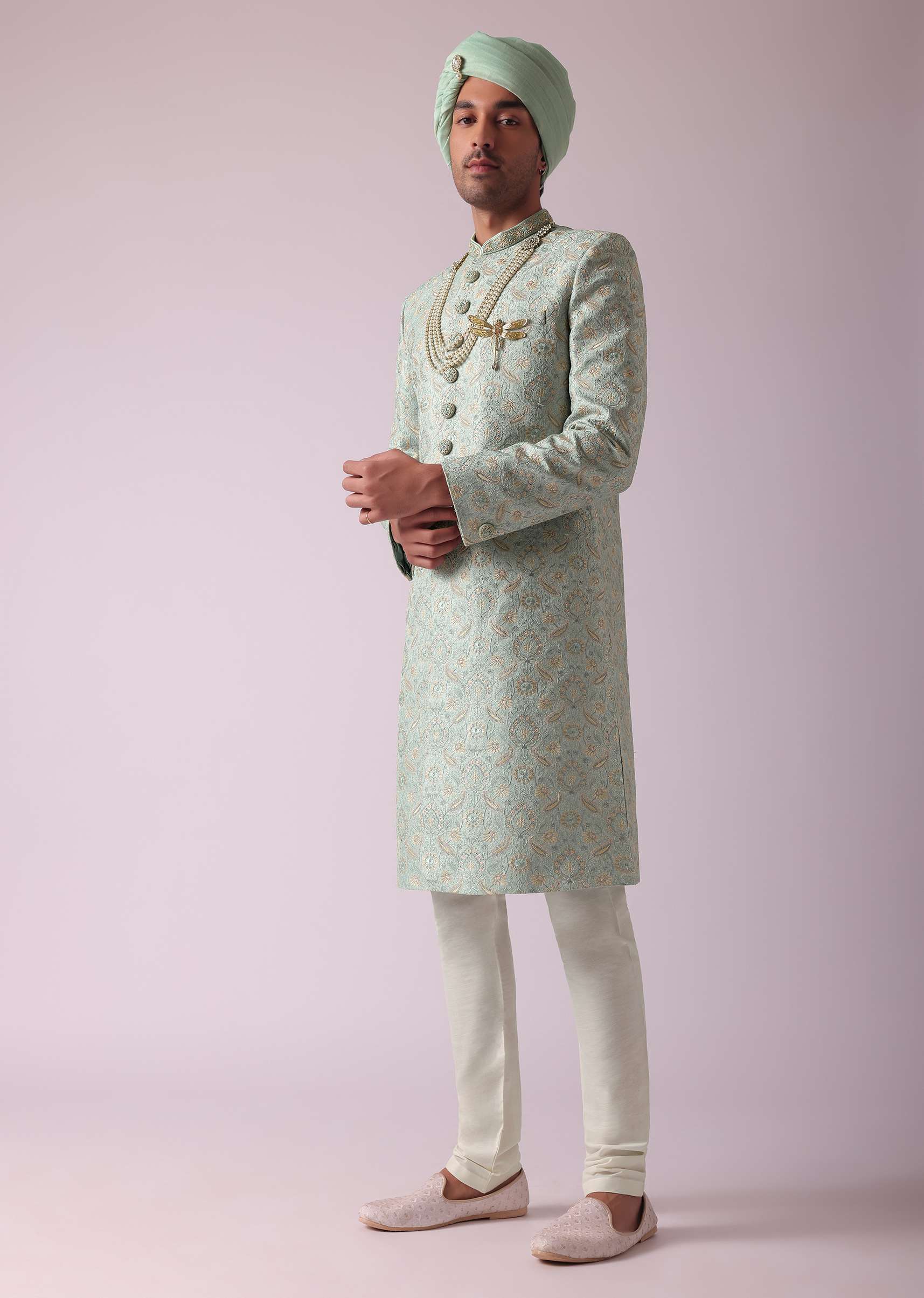 Sea Green Silk Embroidered Sherwani Set - Image 4