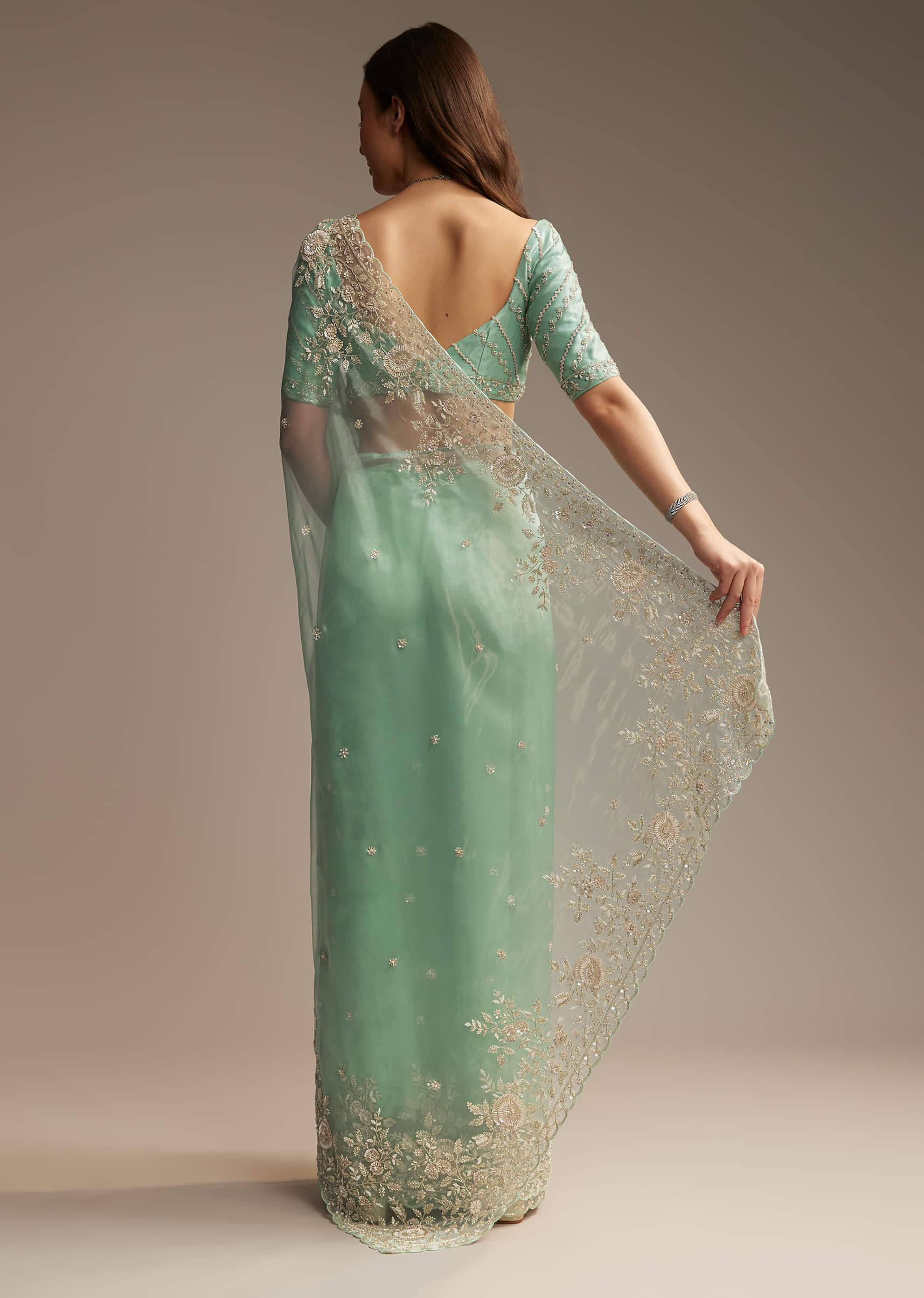 Sea Green Tissue Saree with Cutdana Embroidery - Image 5