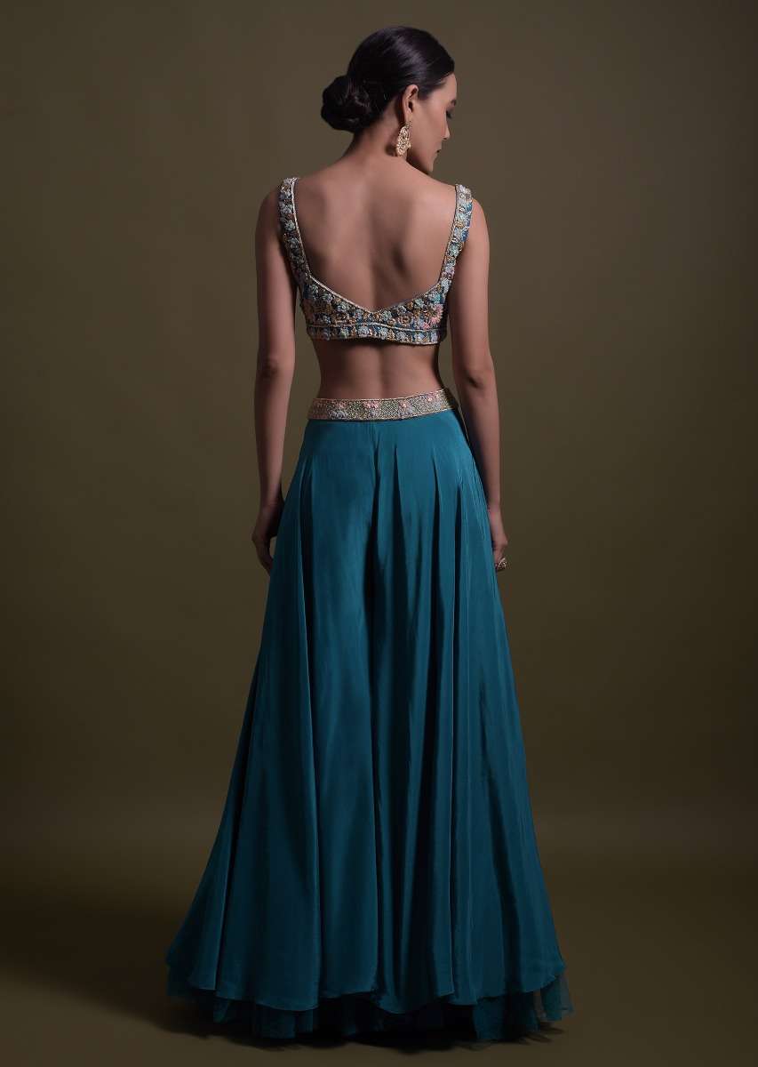 Seaside Blue Crop Top And Palazzo With Embossed Embroidery And Hand Crafted Cape - Image 13