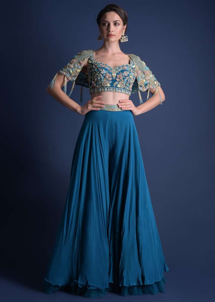 Seaside Blue Crop Top And Palazzo With Embossed Embroidery And Hand Crafted Cape - Image 5