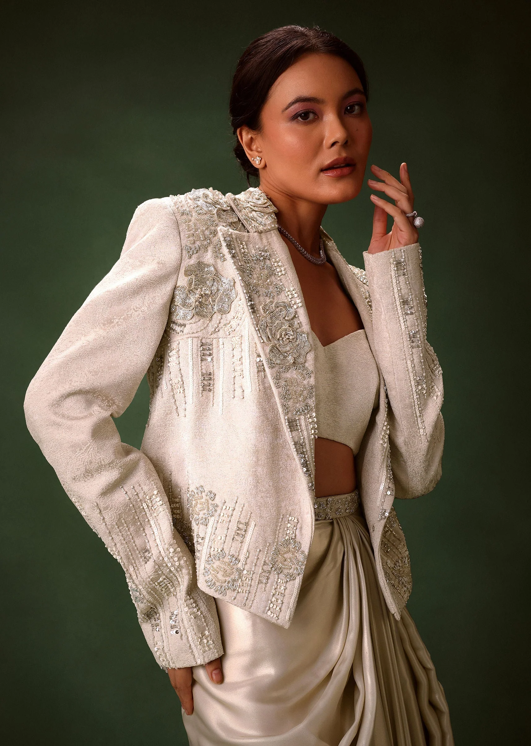 Silver Brocade Floral Embroidered Jacket With Drape Skirt Suit - Image 4