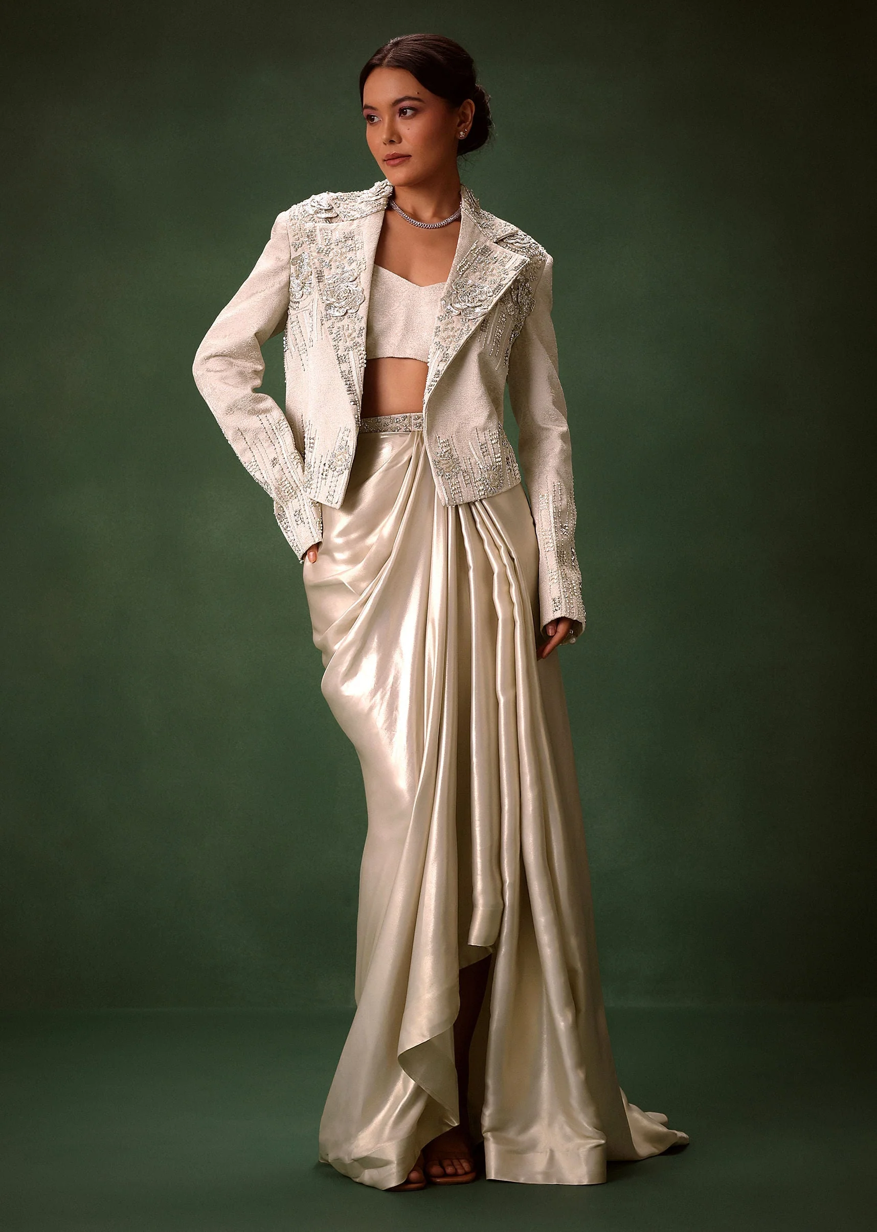 Silver Brocade Floral Embroidered Jacket With Drape Skirt Suit - Image 5