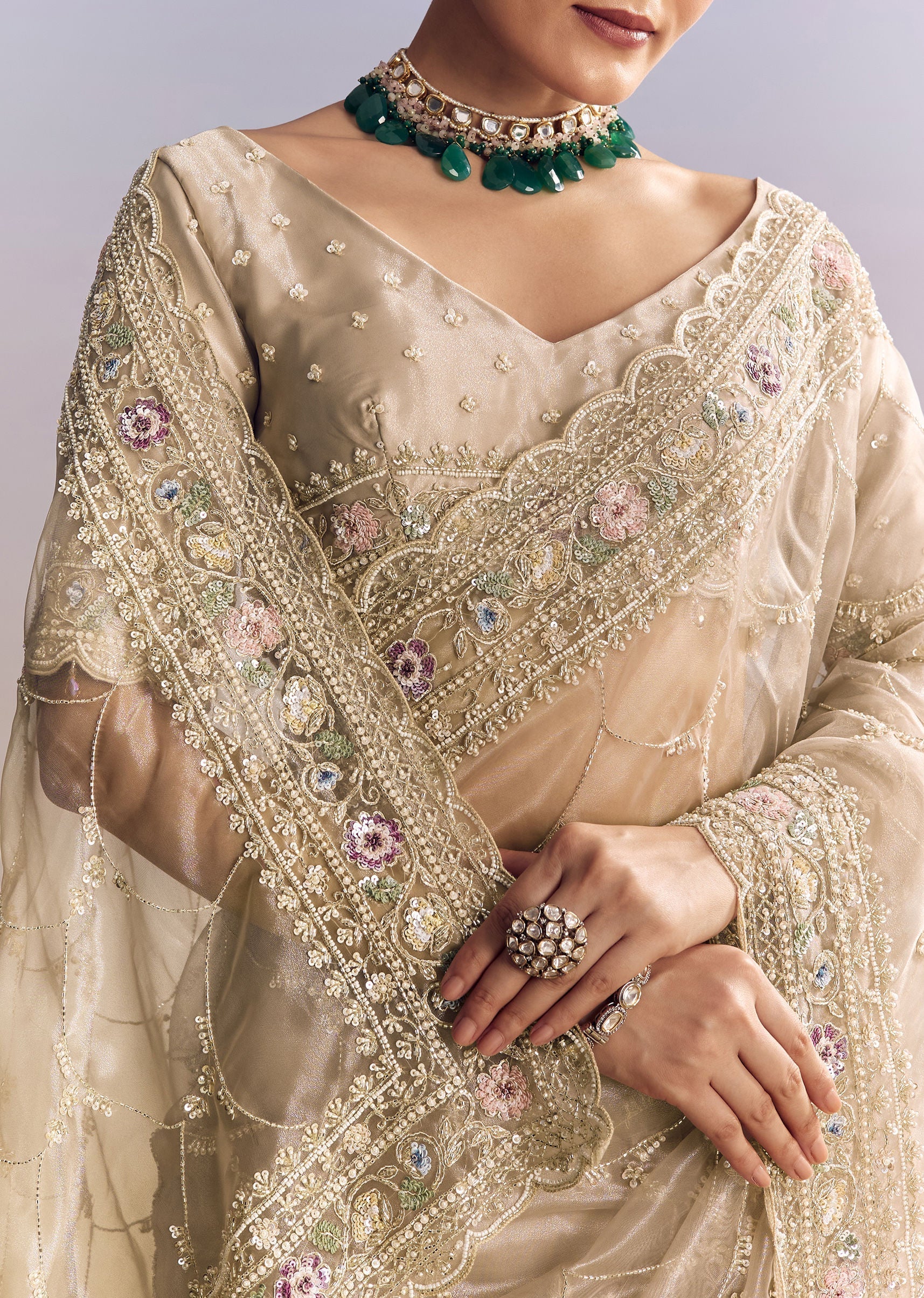 Silver Glass Tissue Saree With Jaal Work And Multicolor Sequin Embroidery - Image 3