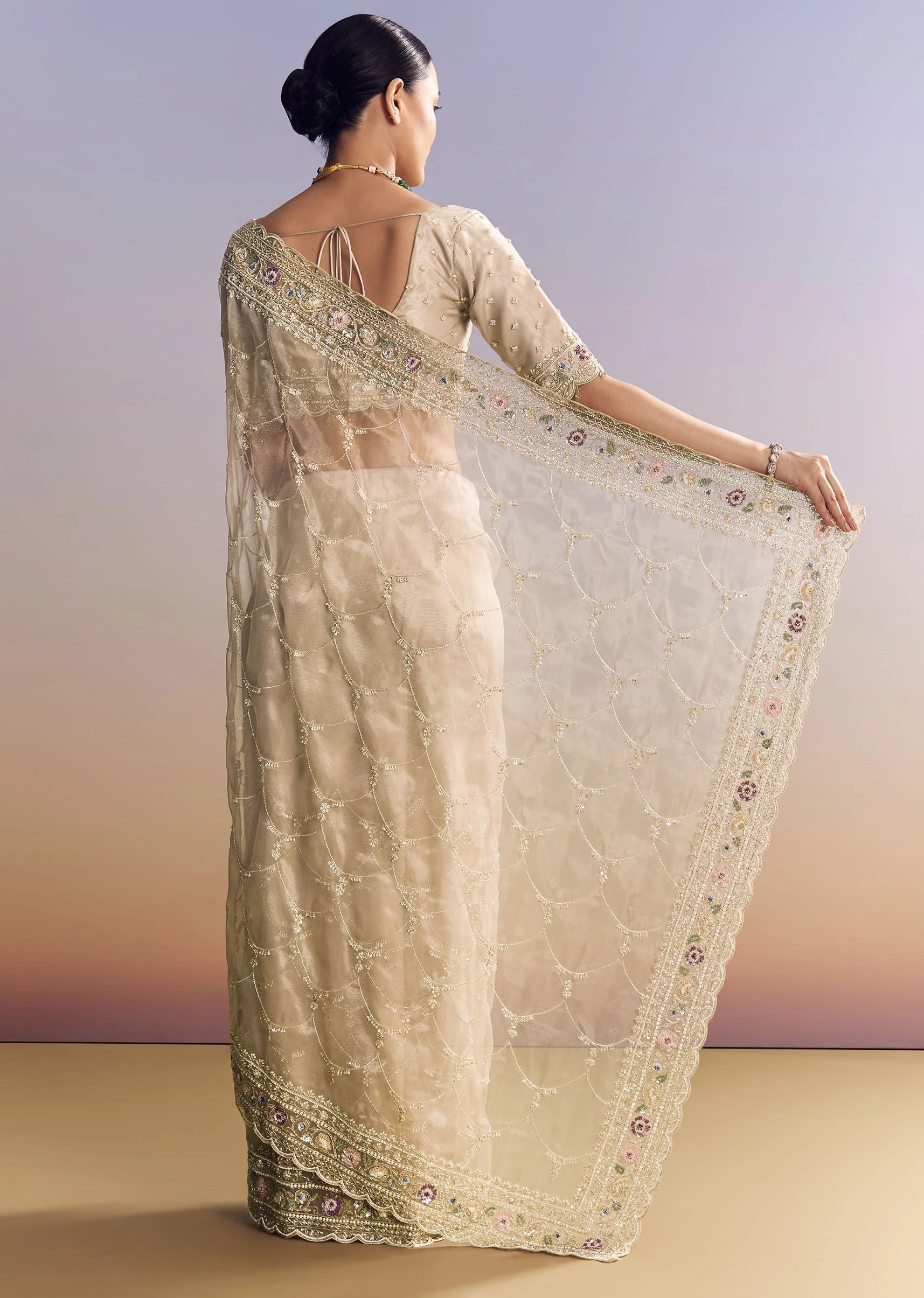 Silver Glass Tissue Saree With Jaal Work And Multicolor Sequin Embroidery - Image 4