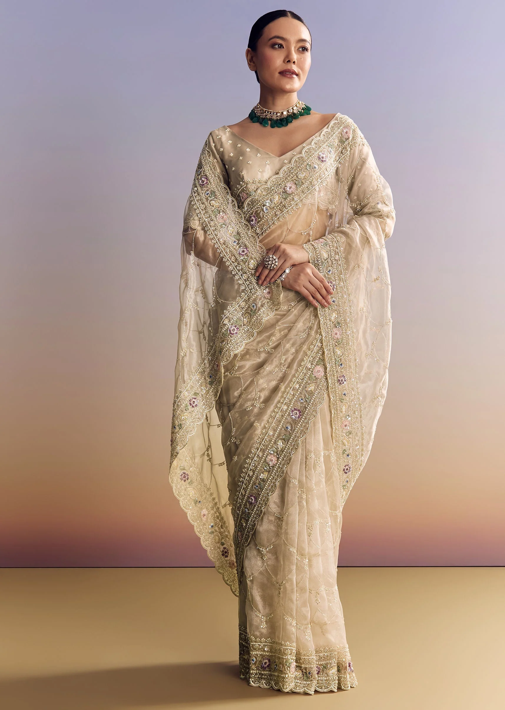 Silver Glass Tissue Saree With Jaal Work And Multicolor Sequin Embroidery - Image 5