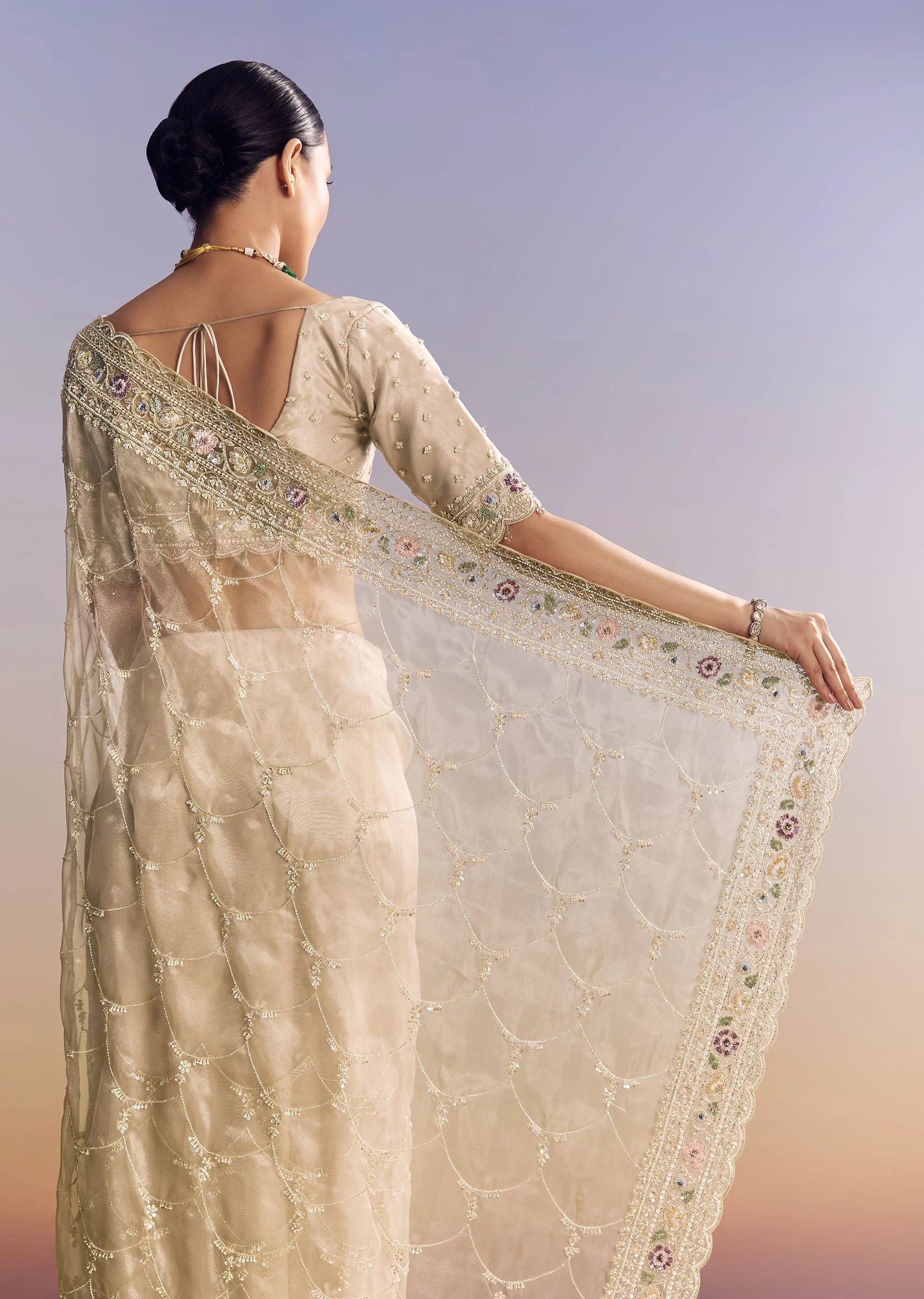 Silver Glass Tissue Saree With Jaal Work And Multicolor Sequin Embroidery - Image 6