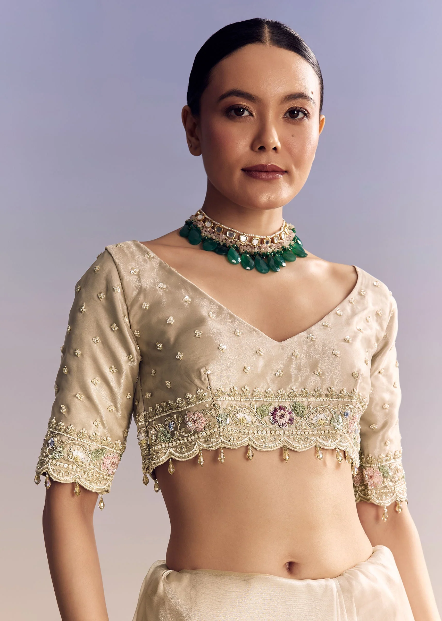 Silver Glass Tissue Saree With Jaal Work And Multicolor Sequin Embroidery - Image 7