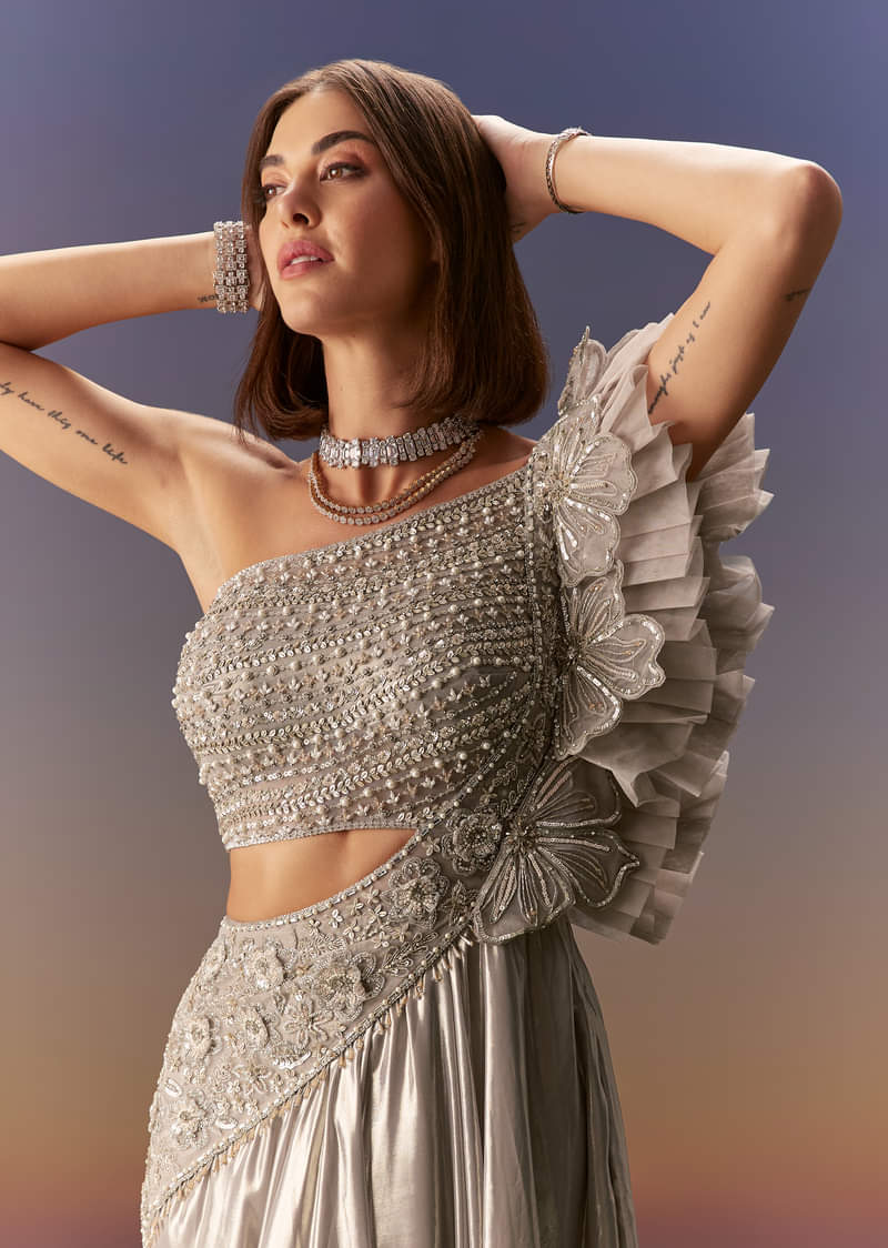 Silver One Shoulder Gown With Intricate Cut Dana Embroidery - Image 3