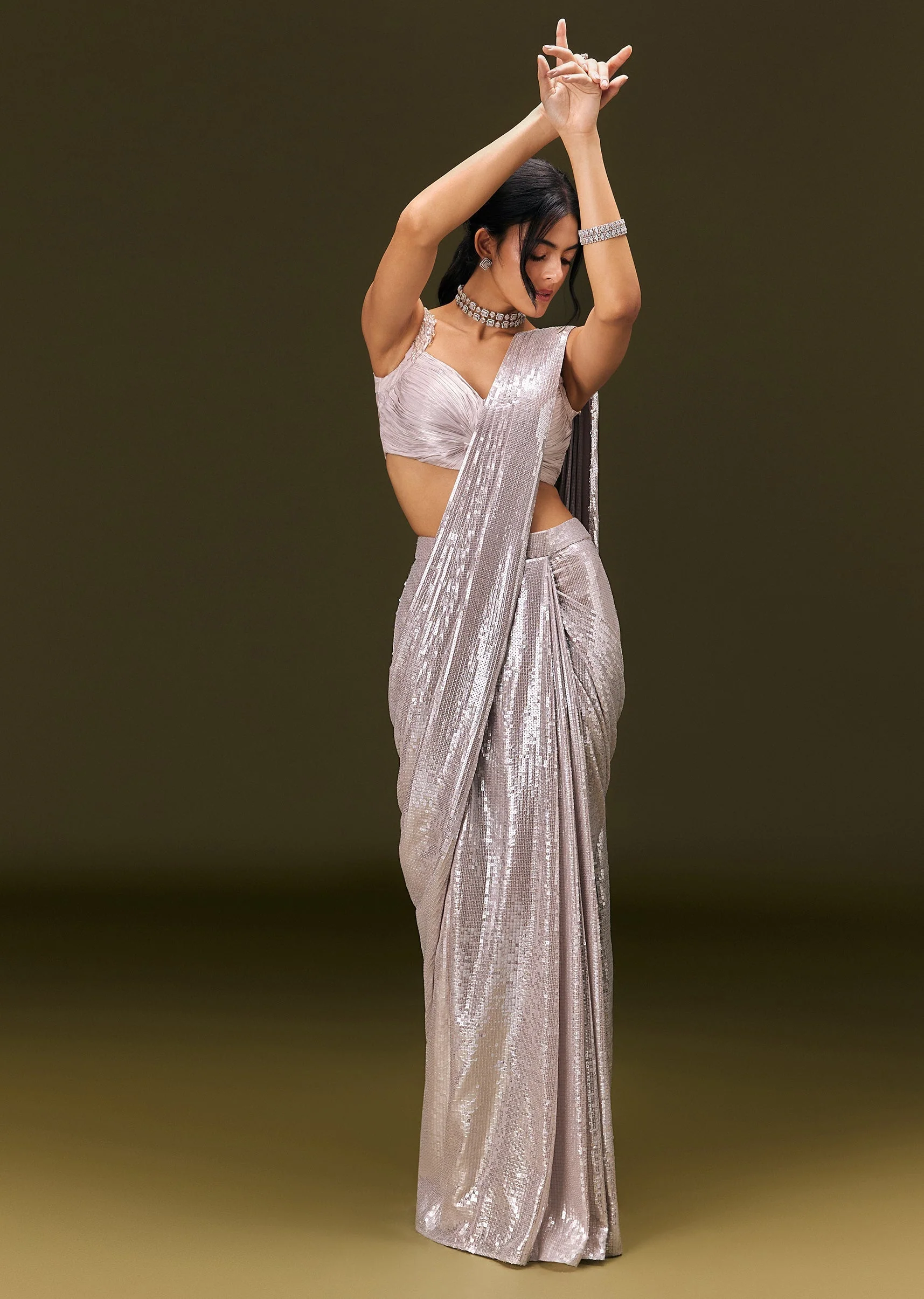 Silver Sequin Stone Embroidered Readymade Saree With Ruched Blouse - Image 2
