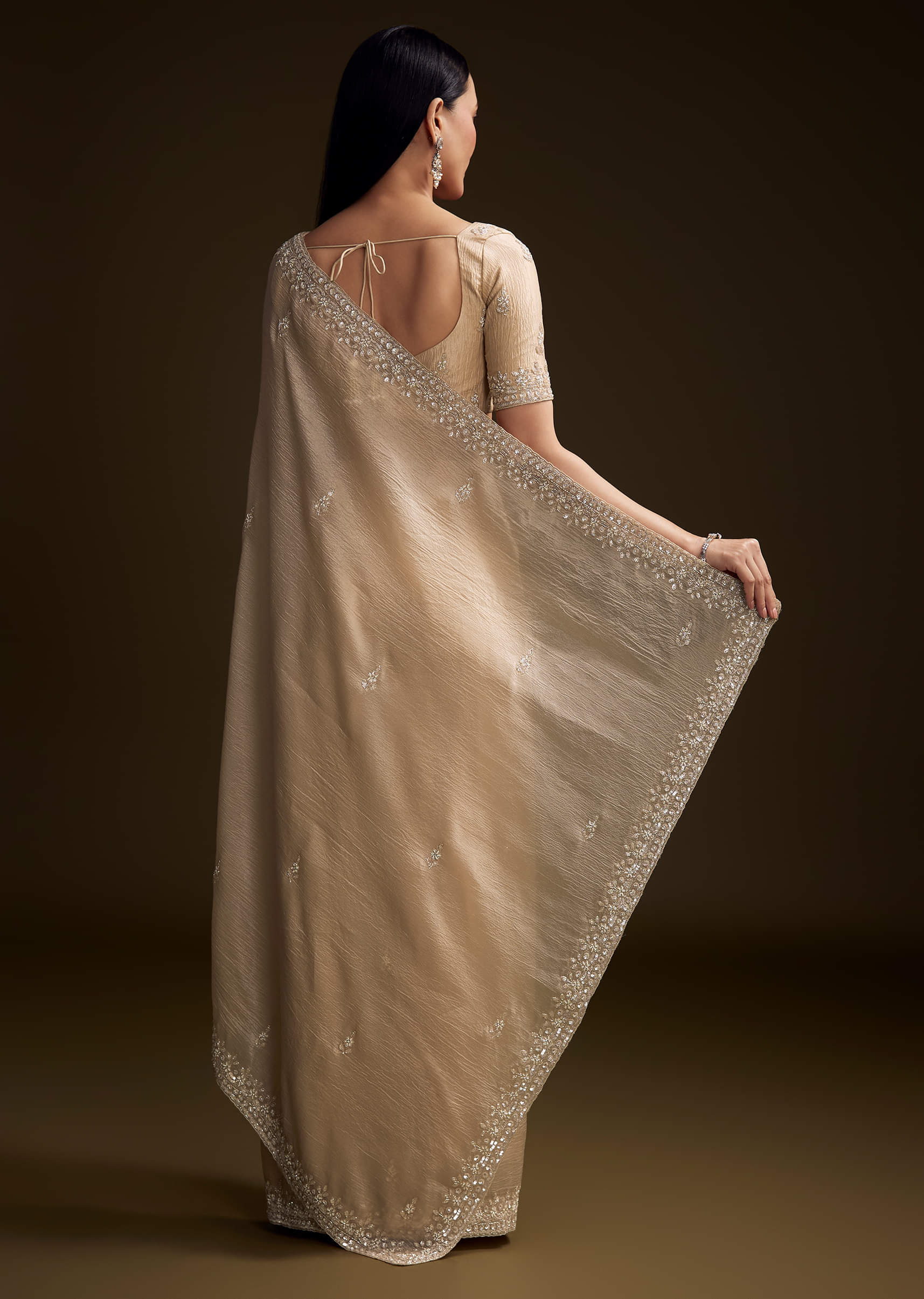 Silver Tissue Saree With Sequin And Stone Embroidery - Image 3