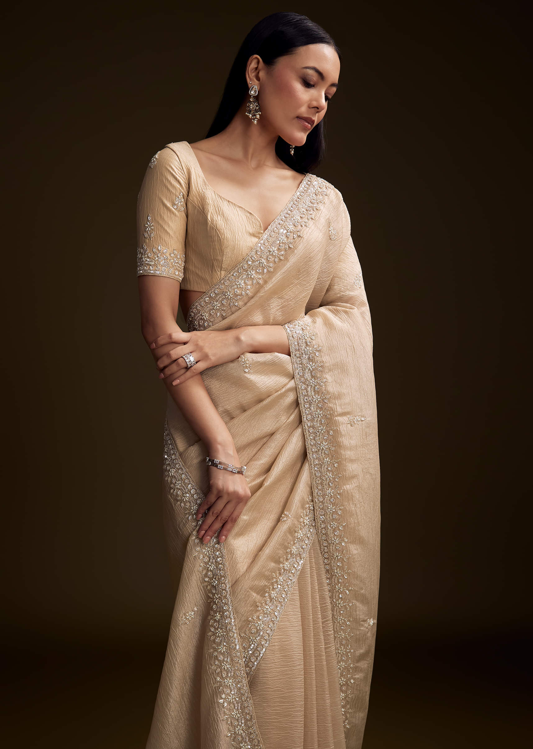 Silver Tissue Saree With Sequin And Stone Embroidery - Image 4