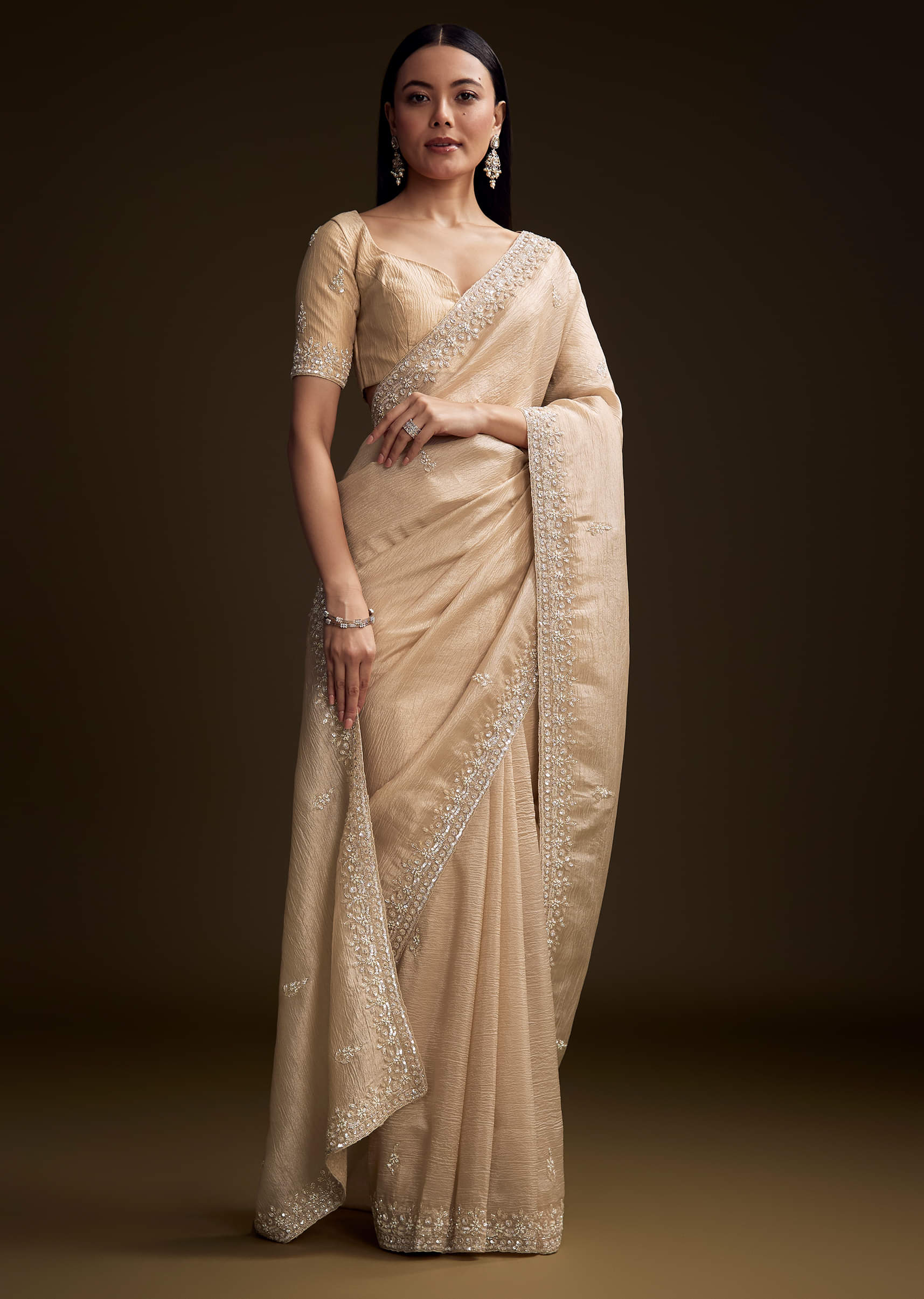 Silver Tissue Saree With Sequin And Stone Embroidery - Image 9