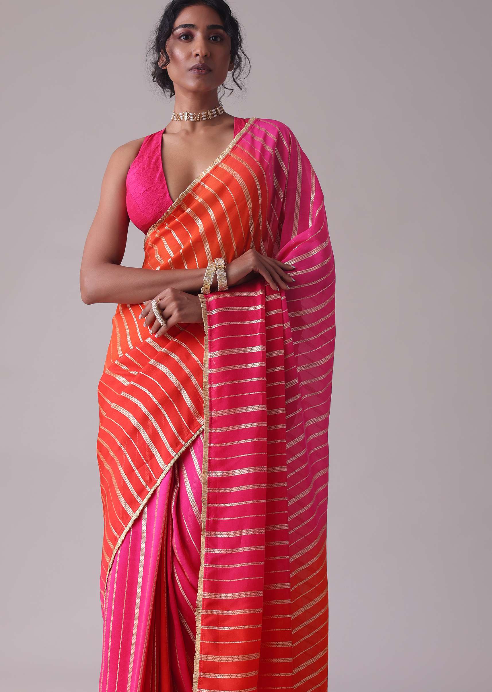 Ski Patrol Red Woven Ombre Saree In Organza - Image 4