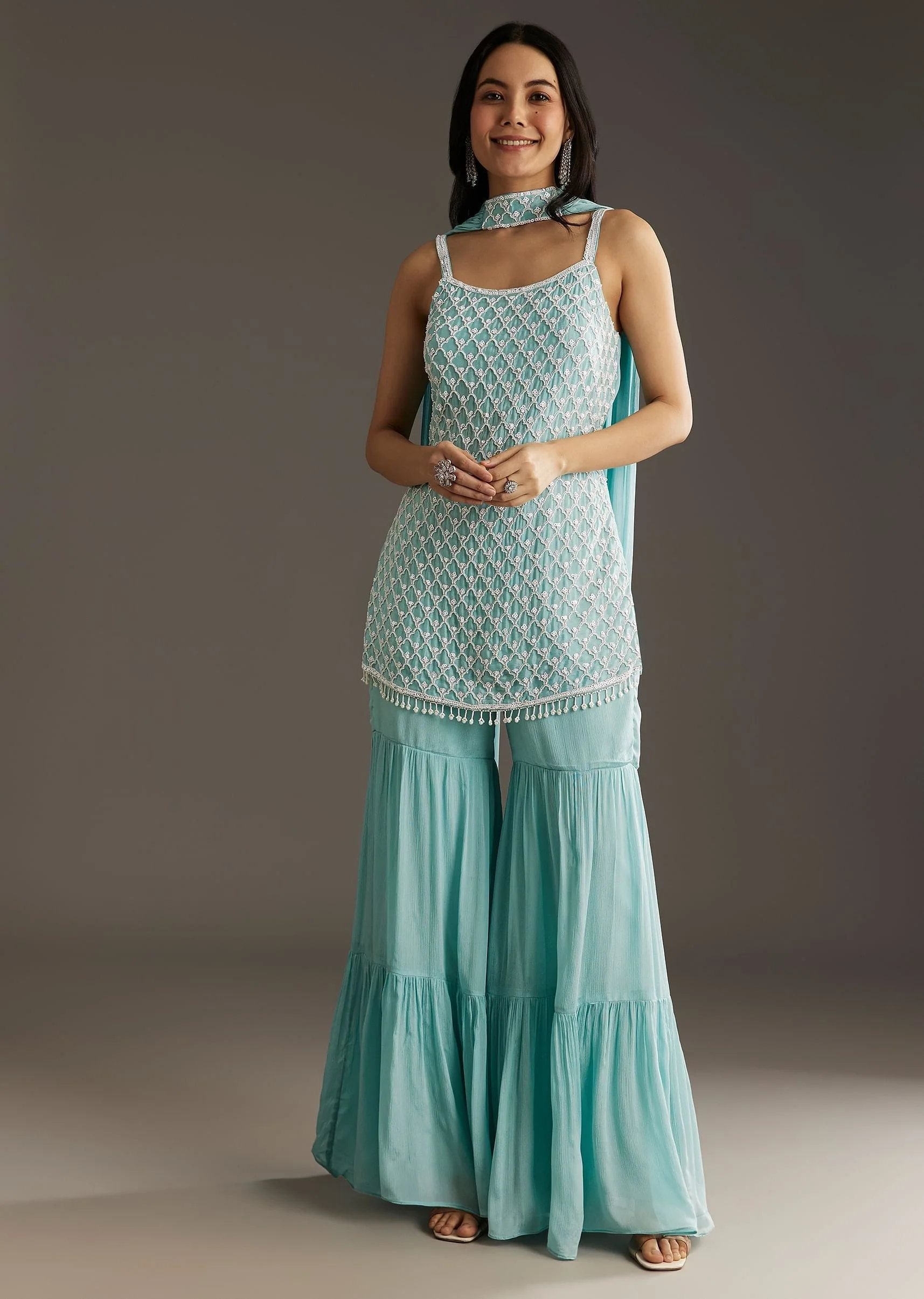 Sky Blue Chinon Sharara Suit Set With Choker Style Dupatta - Image 3