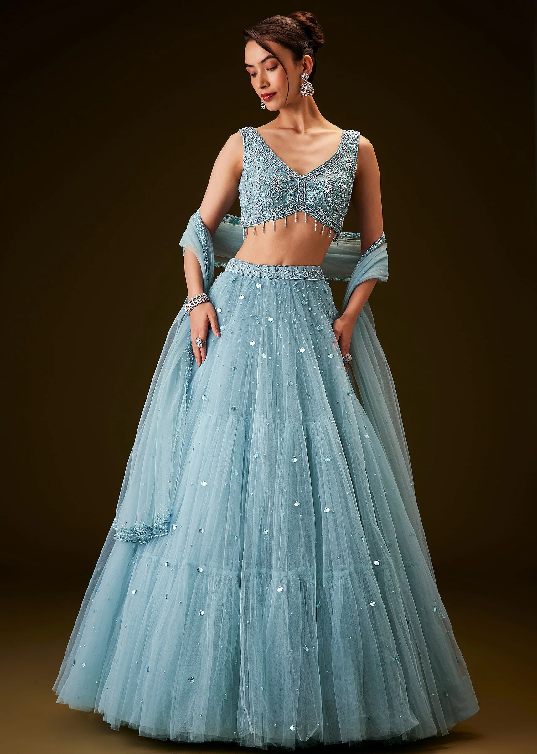 Sky Blue Hand Embroidered Net And Pearl Work Lehenga Set