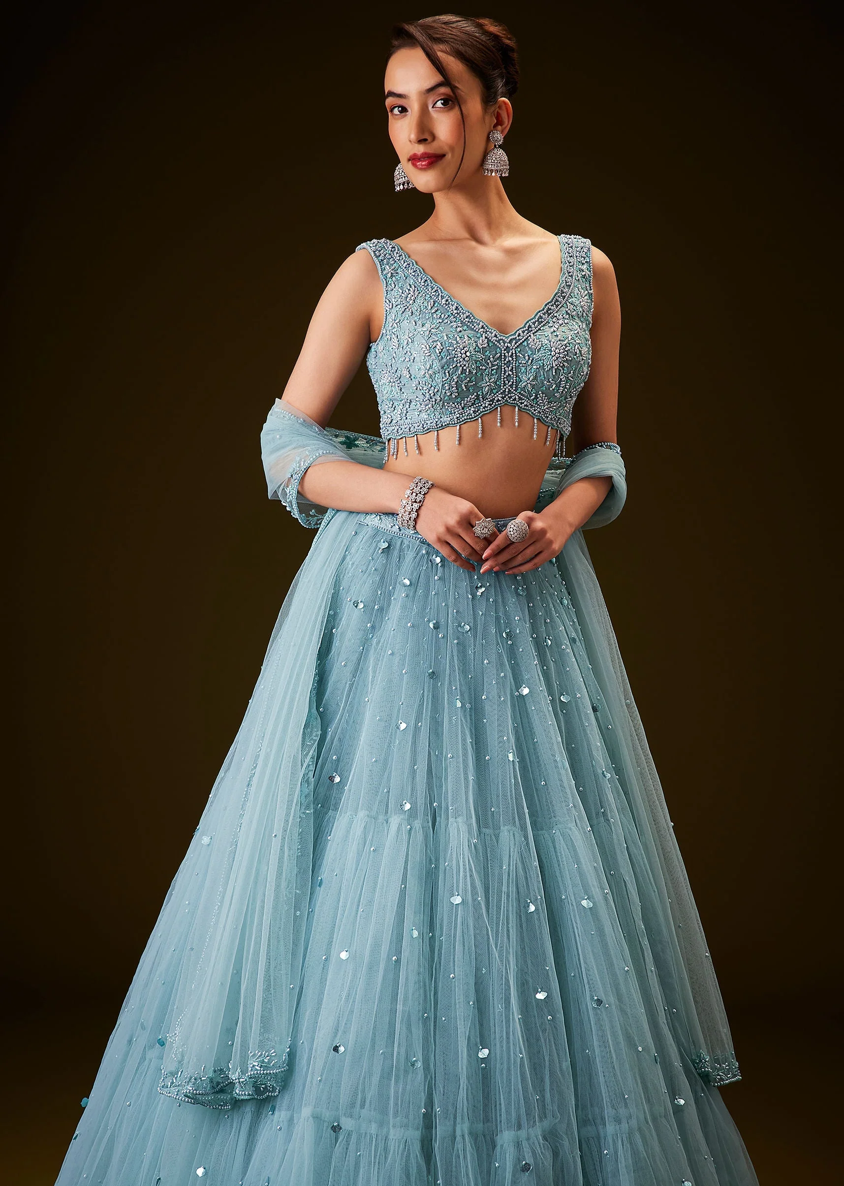 Sky Blue Hand Embroidered Net And Pearl Work Lehenga Set - Image 2