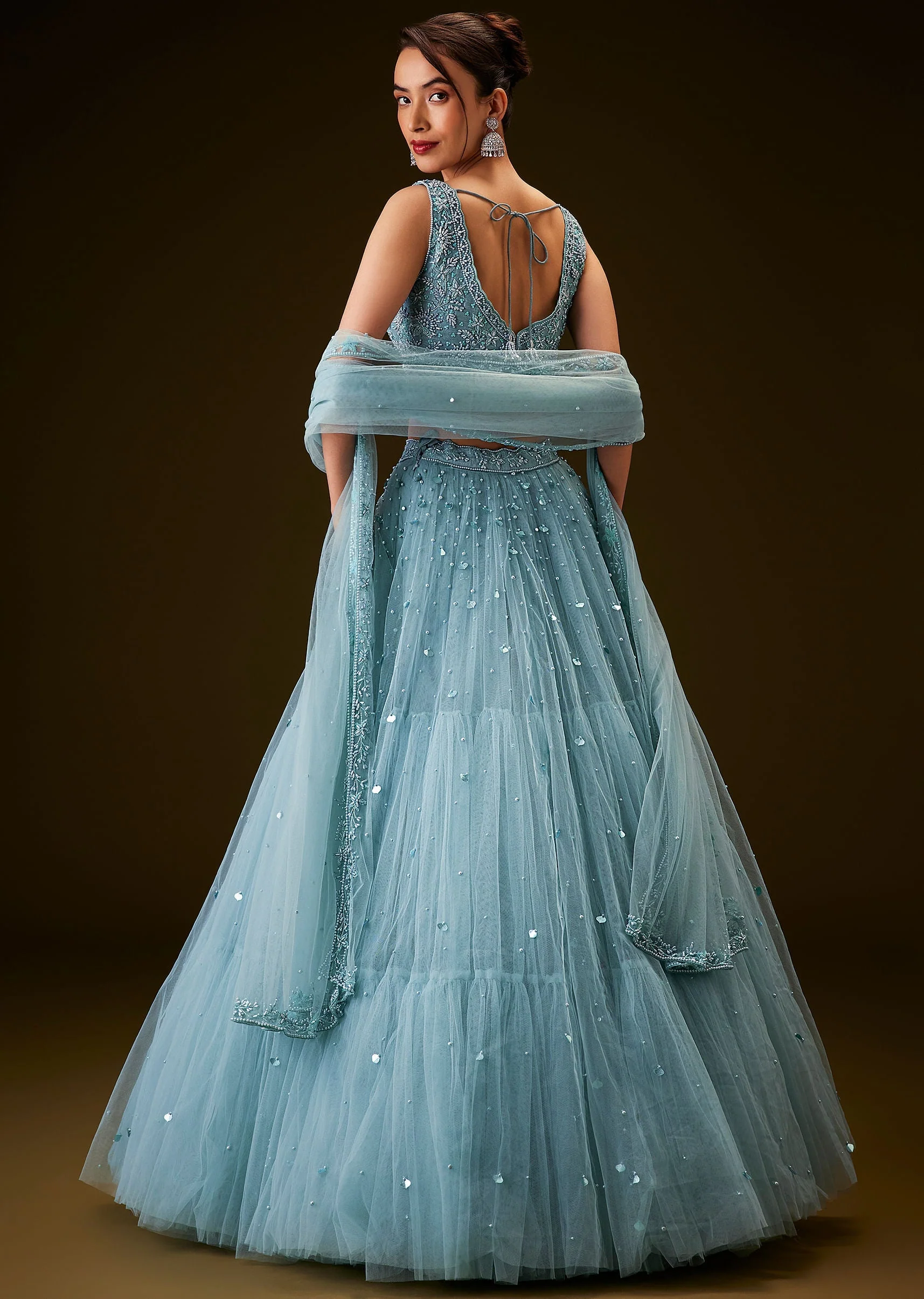 Sky Blue Hand Embroidered Net And Pearl Work Lehenga Set - Image 5