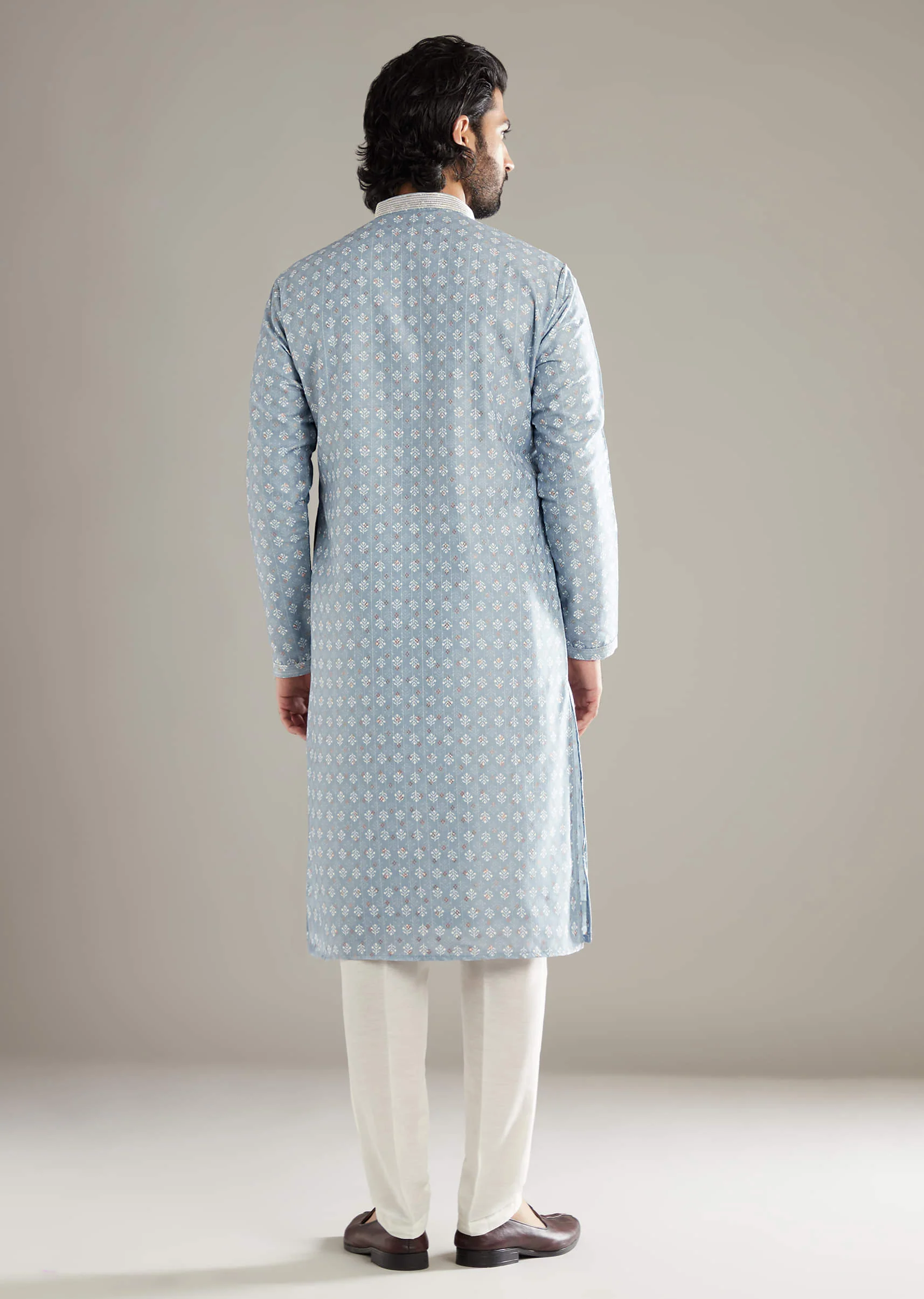 Sky Blue Silk Kurta Set For Men With Floral Printed Motifs - Image 3