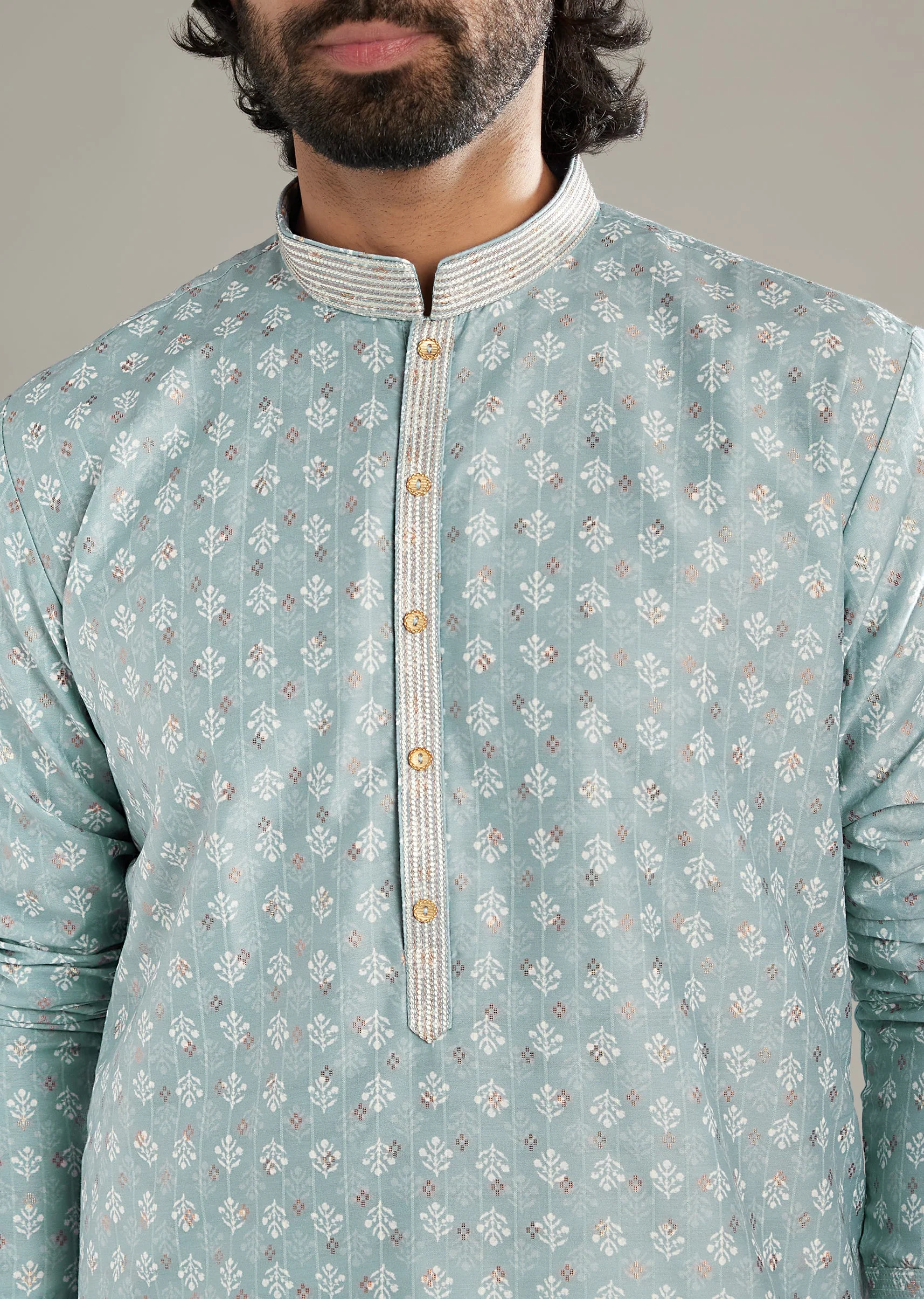 Sky Blue Silk Kurta Set For Men With Floral Printed Motifs - Image 4