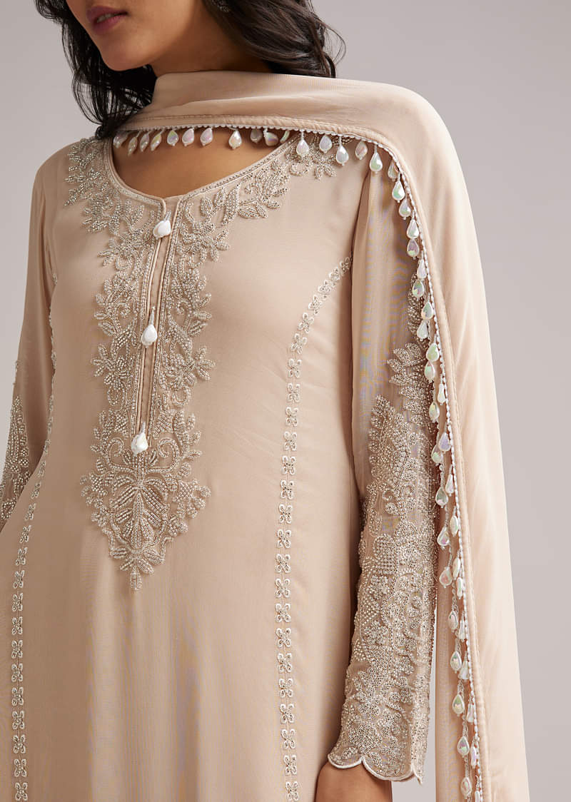 Soft Peach Beaded Kurti Pant Set With Dupatta - Image 2