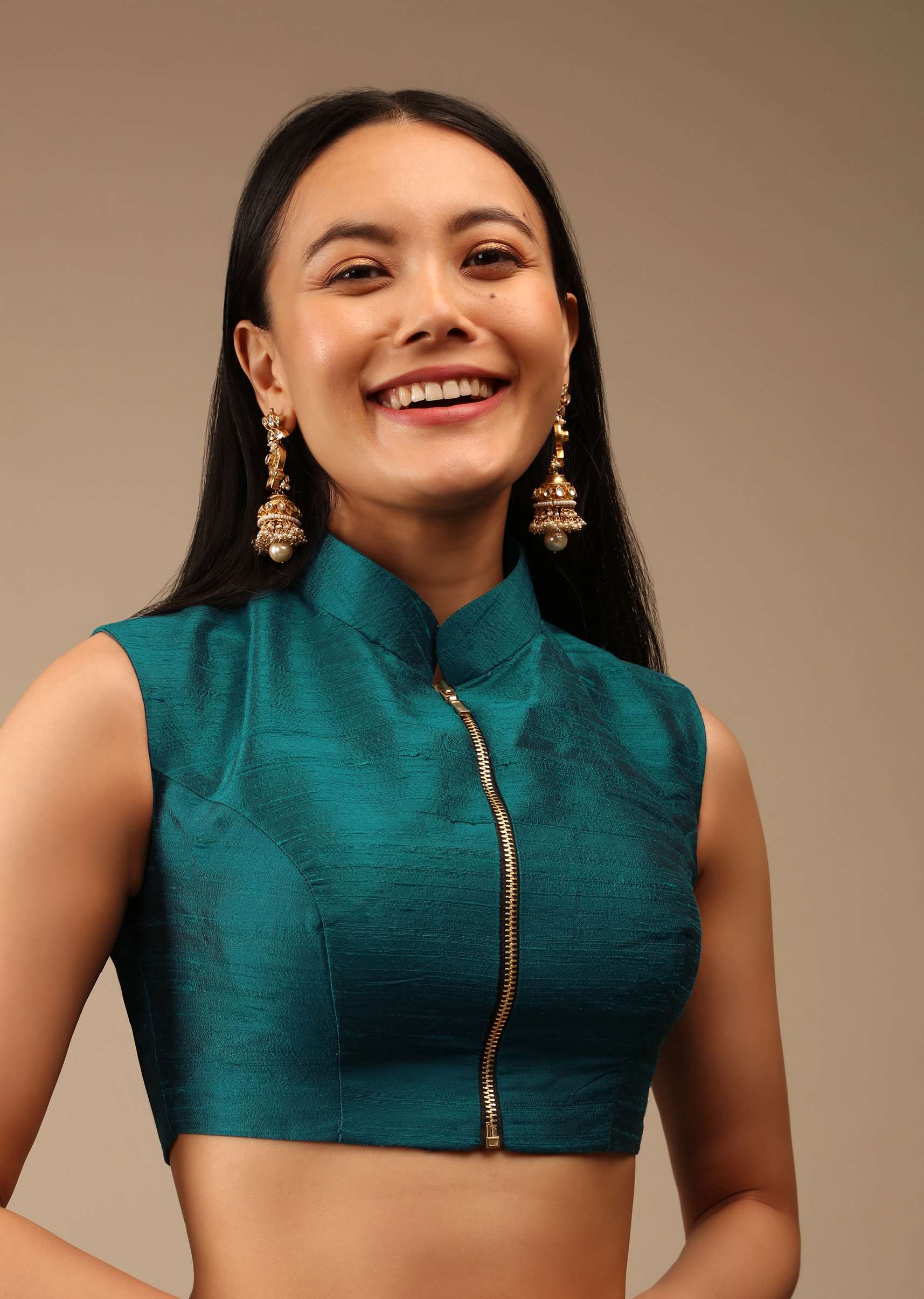 Teal Blue Blouse In Raw Silk With Mandarin Collar Neckline And Front Zip Closure - Image 3