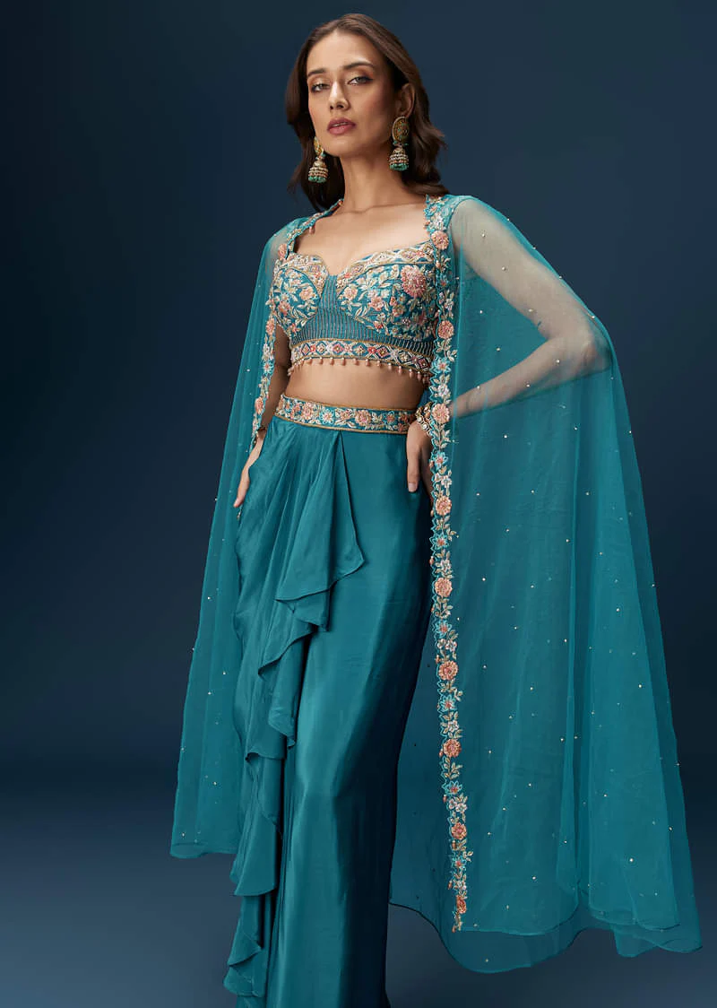 Teal Blue Dhoti Skirt Set With Embroidered Blouse And Net Dupatta - Image 4