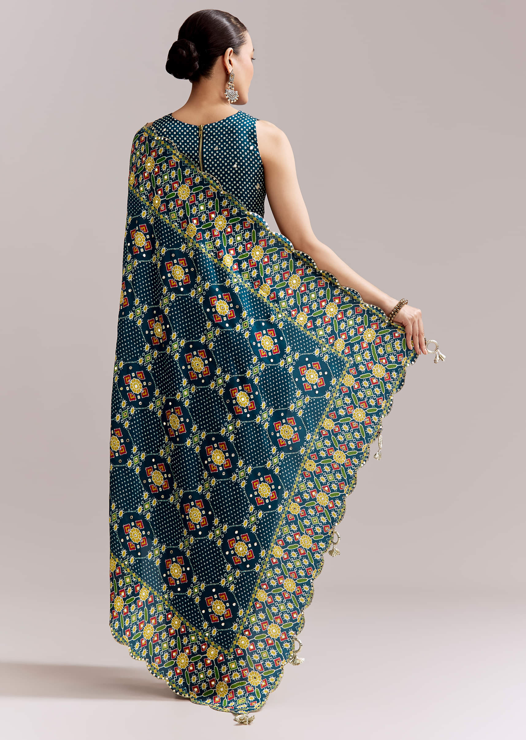 Teal Blue Satin Saree With Ajrakh Print And Scallop Gota Zari Border - Image 4