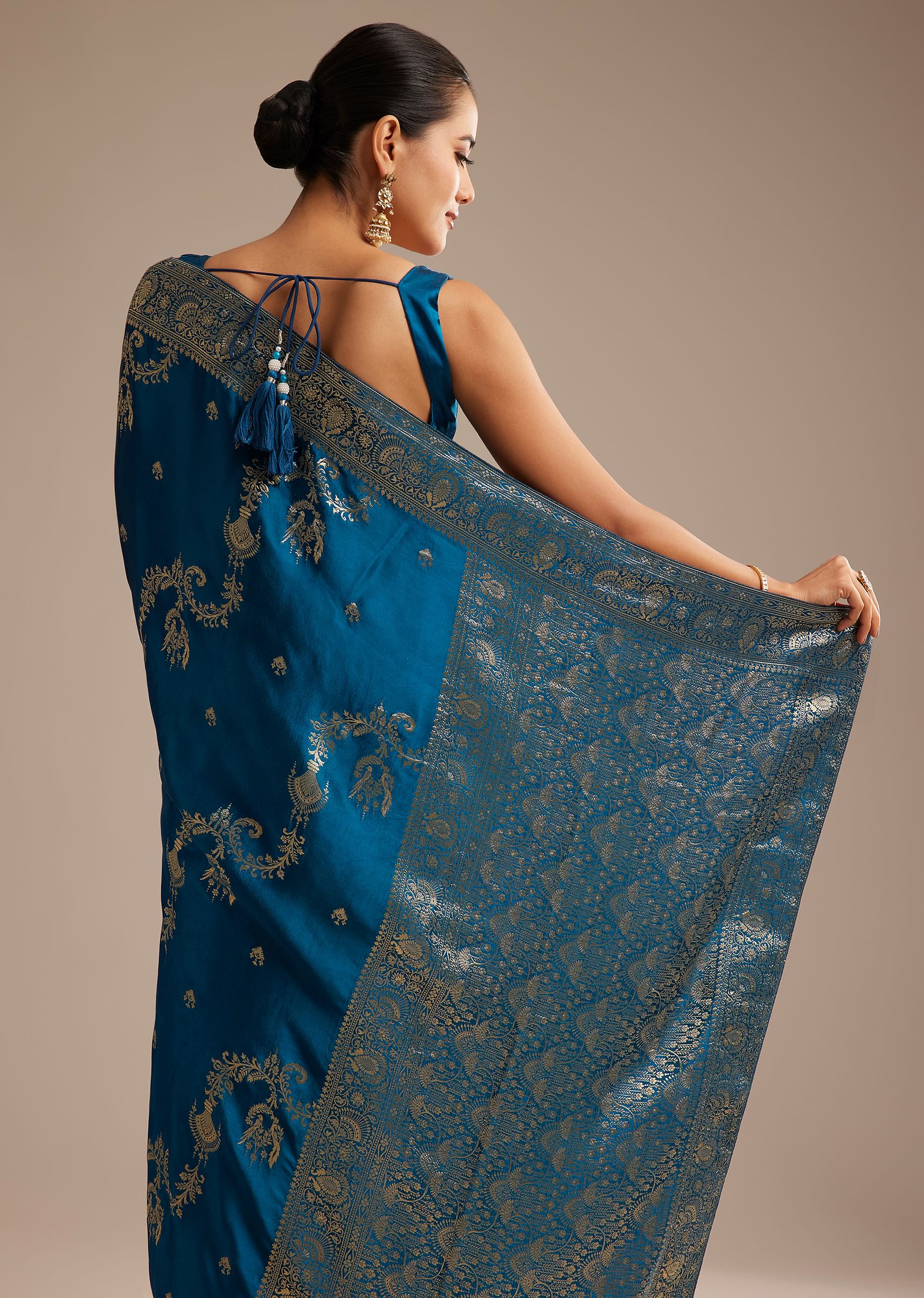 Teal Blue Satin Saree With Zari Woven Work - Image 4