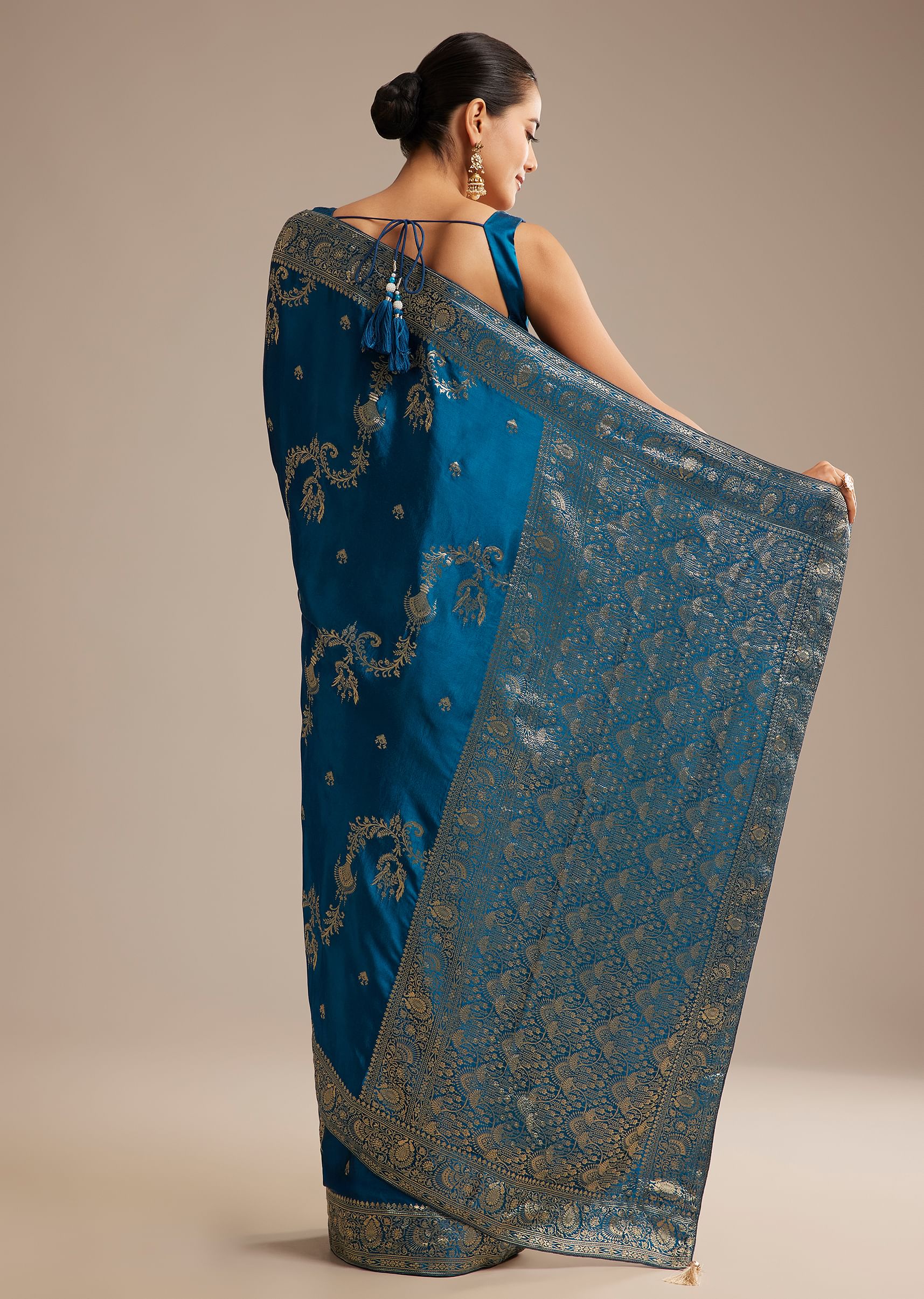 Teal Blue Satin Saree With Zari Woven Work - Image 6