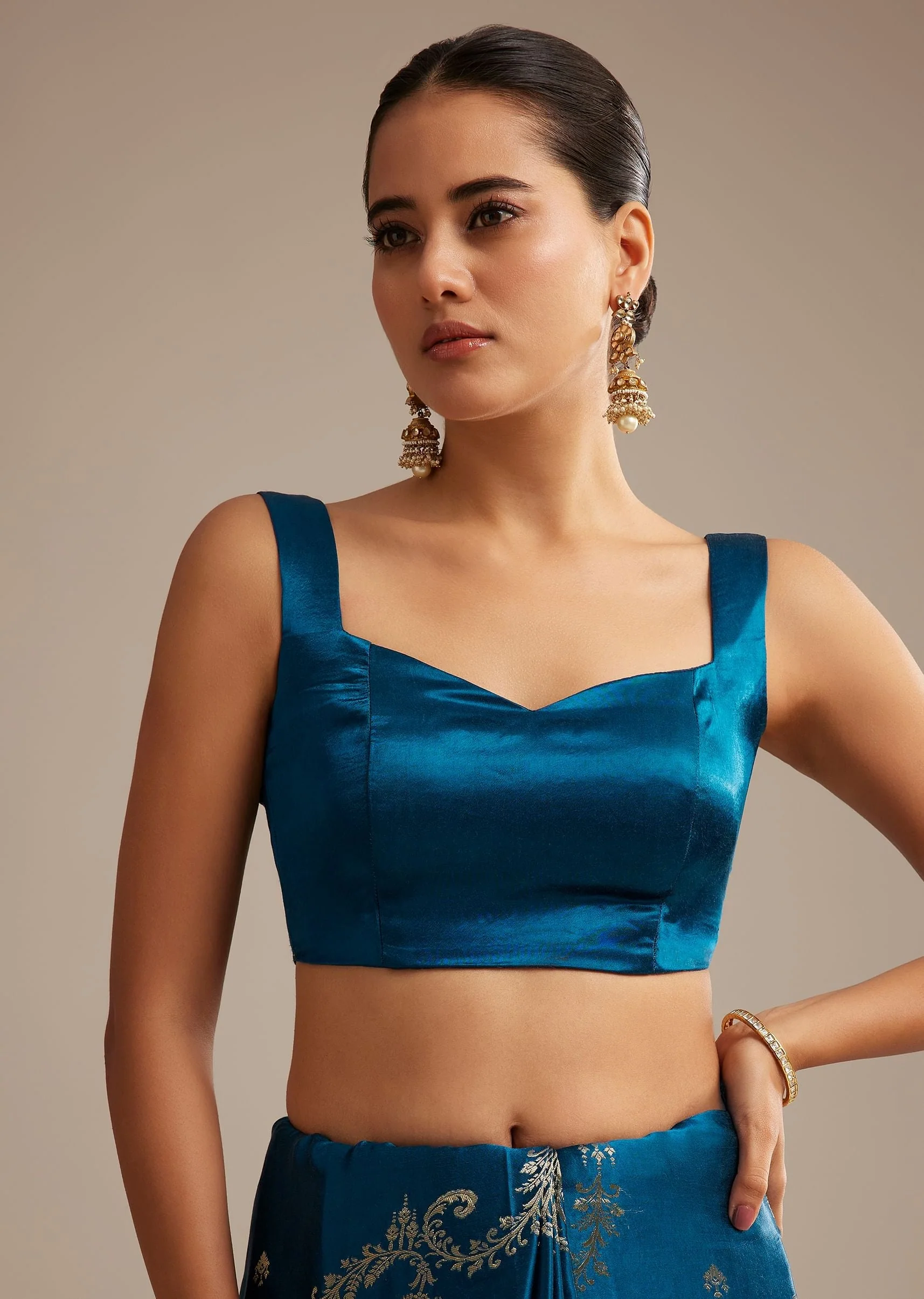Teal Blue Satin Saree With Zari Woven Work - Image 7