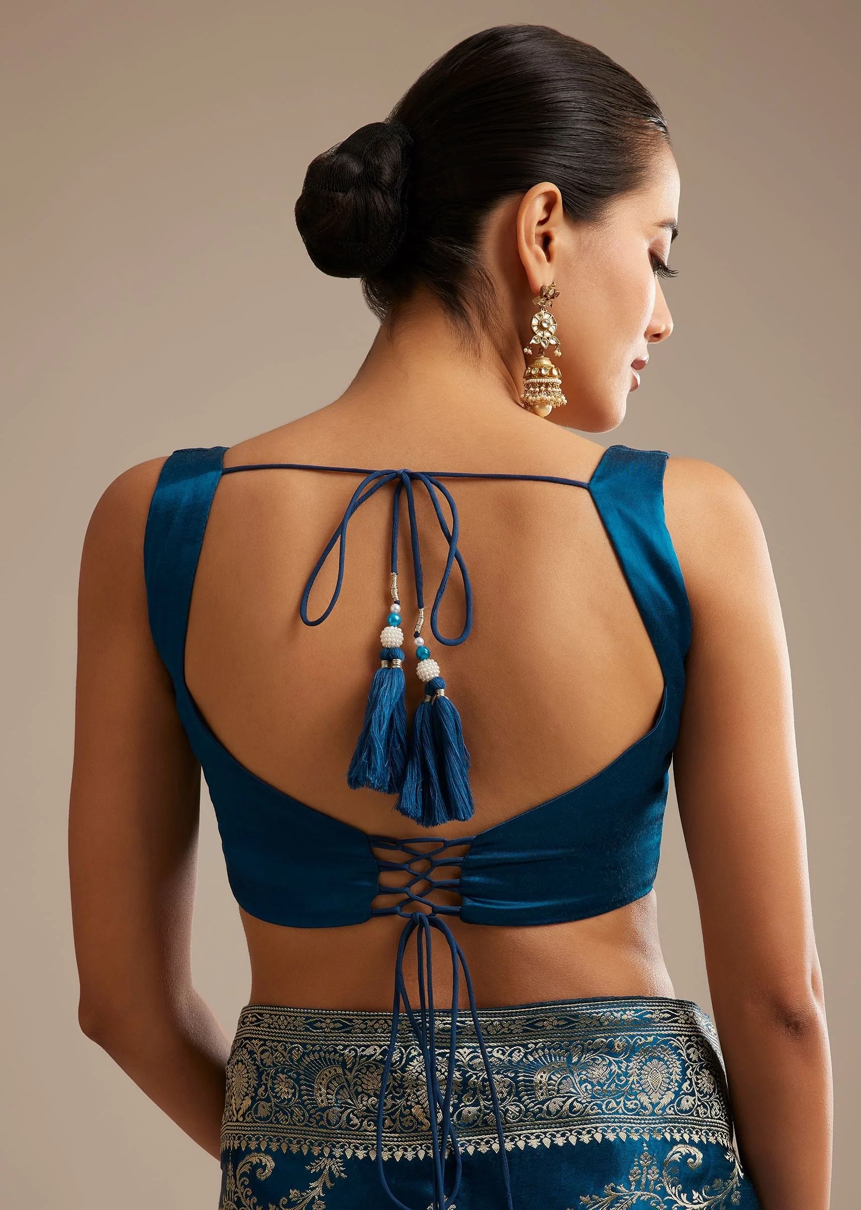 Teal Blue Satin Saree With Zari Woven Work - Image 8