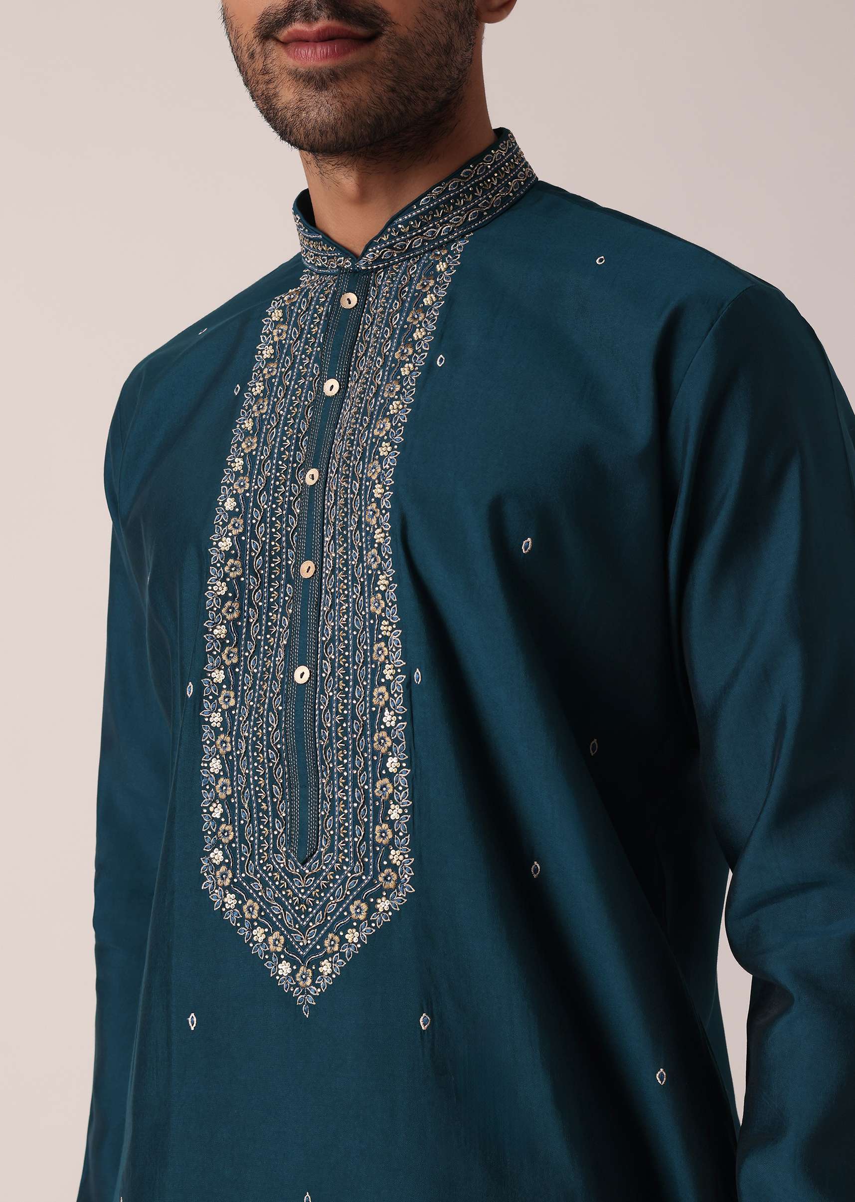 Teal Cotton Silk Kurta Set For Men - Image 3