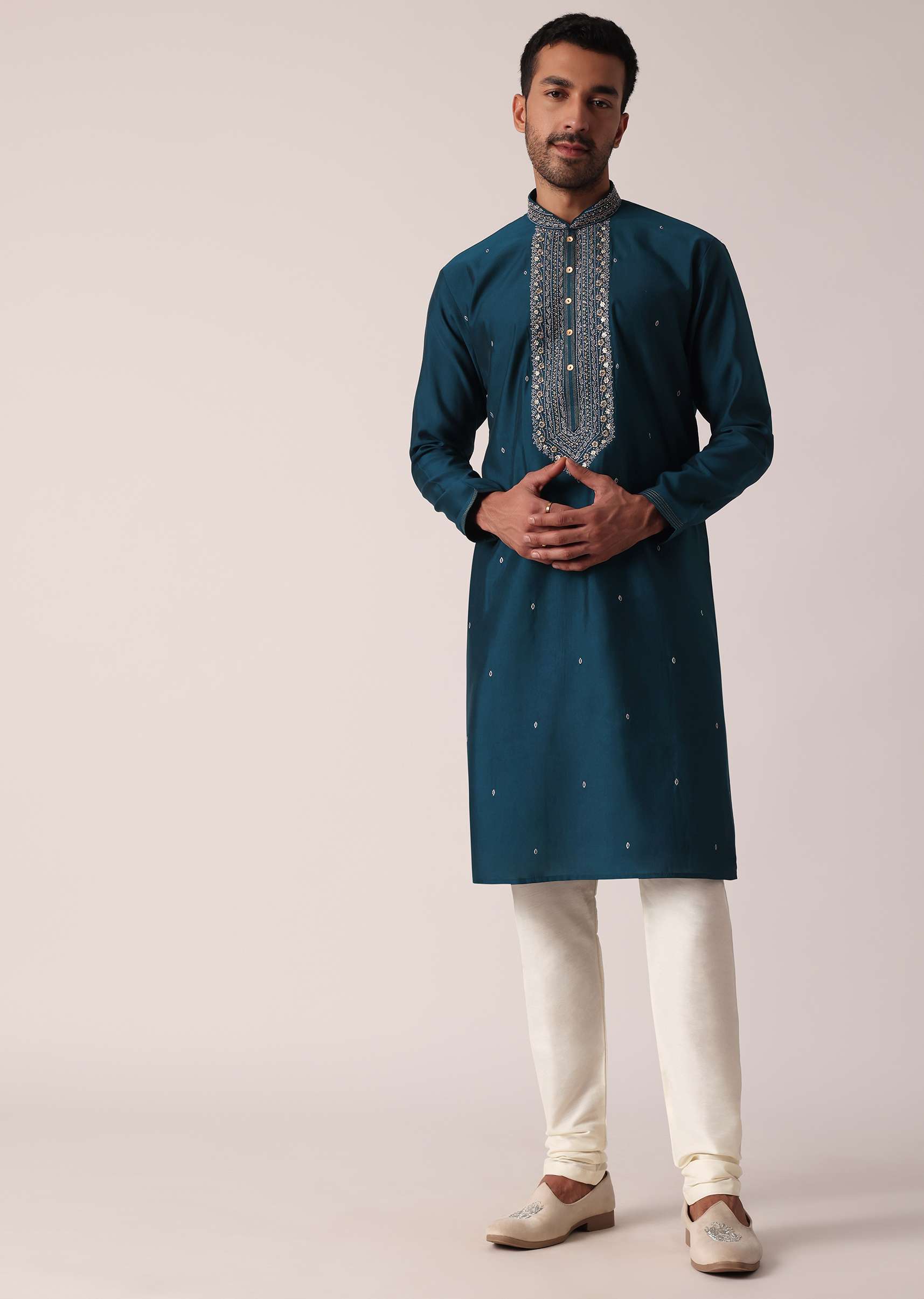 Teal Cotton Silk Kurta Set For Men - Image 4