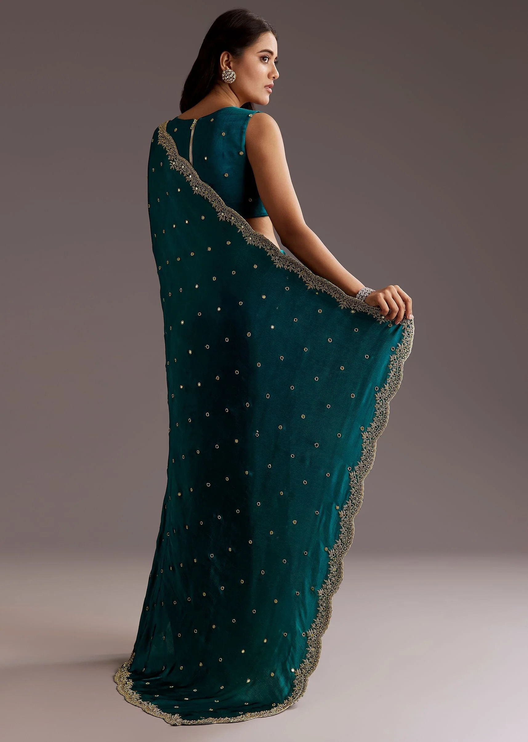 Teal Green Chinon Saree With Cutdana And Sequins Scallop Border - Image 6