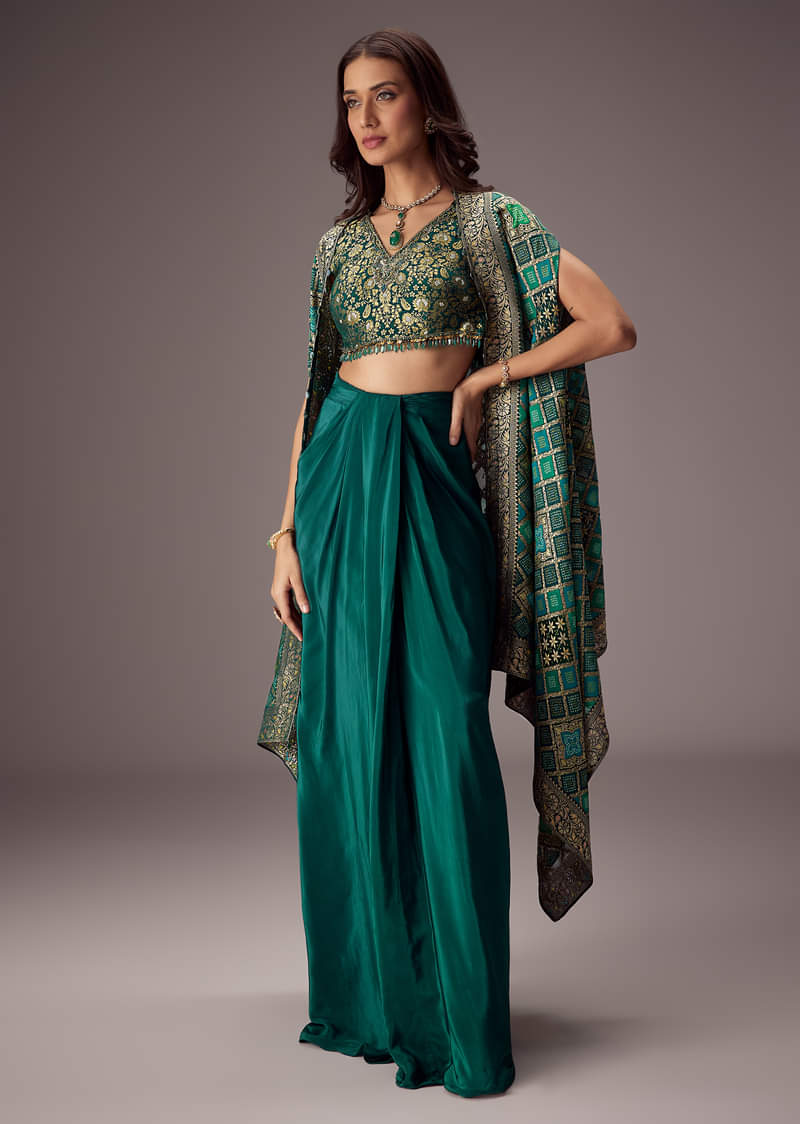 Teal Green Draped Skirt With Embroidered Blouse And Tassel Cape - Image 4