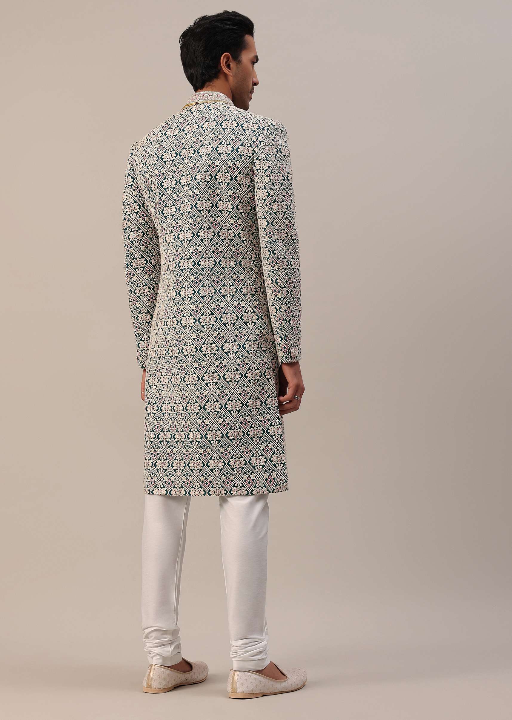 Teal Green Embroidered Sherwani Set With Layered Mala - Image 10