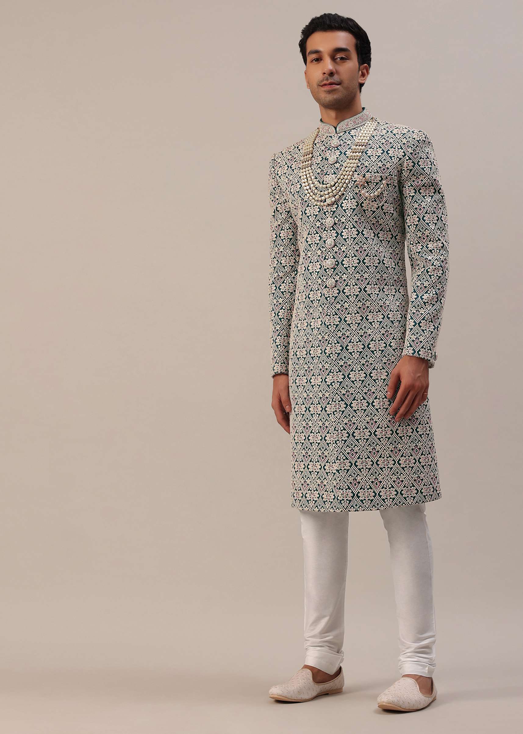 Teal Green Embroidered Sherwani Set With Layered Mala - Image 14