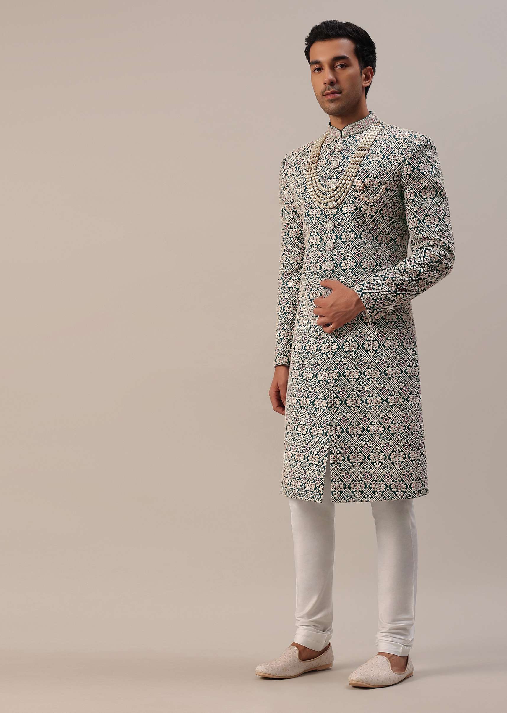 Teal Green Embroidered Sherwani Set With Layered Mala - Image 9