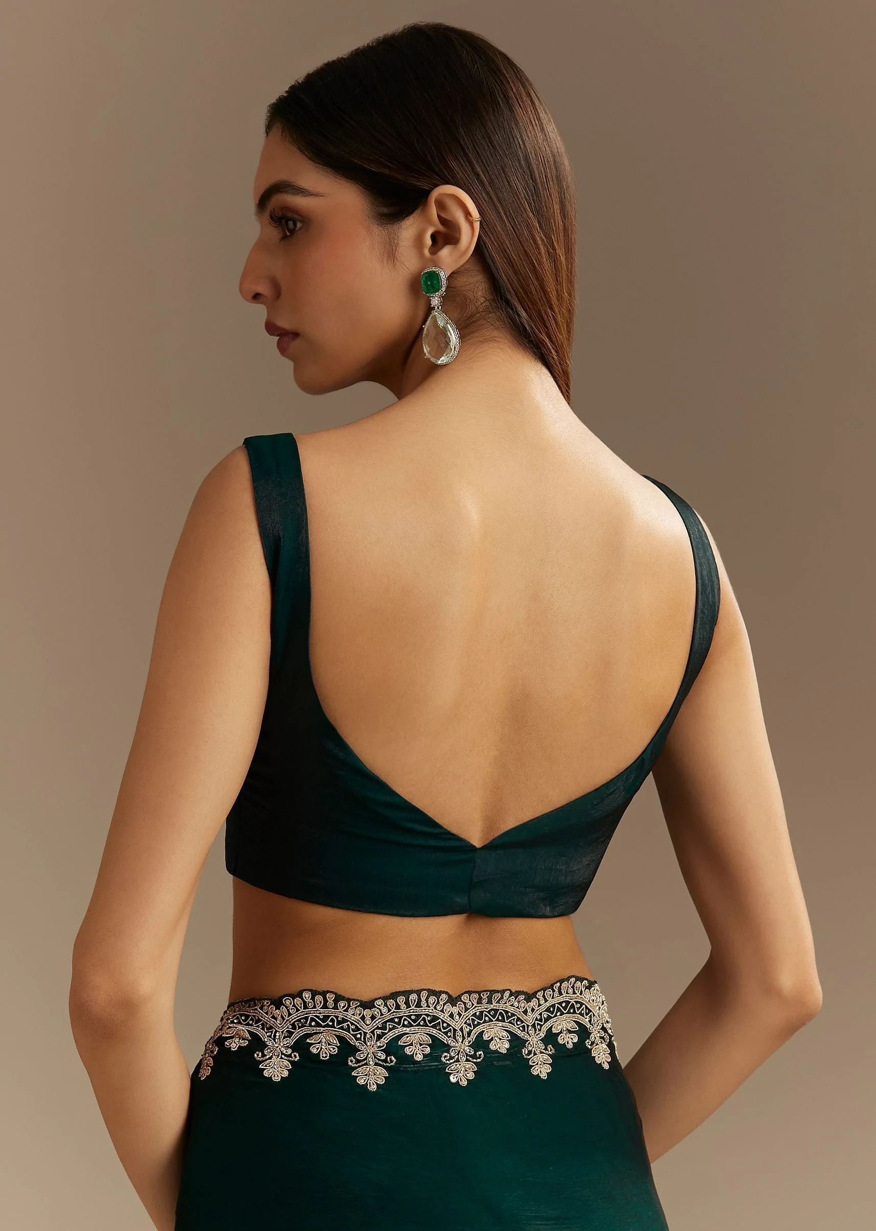 Teal Green Satin Saree With Zardosi Embroidery And Scallop Border - Image 7