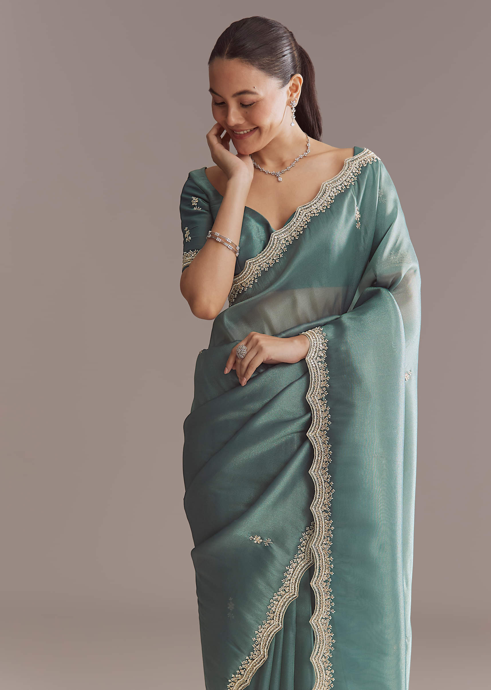 Teal Green Silk Saree With Bead And Sequin Embroidery - Image 10