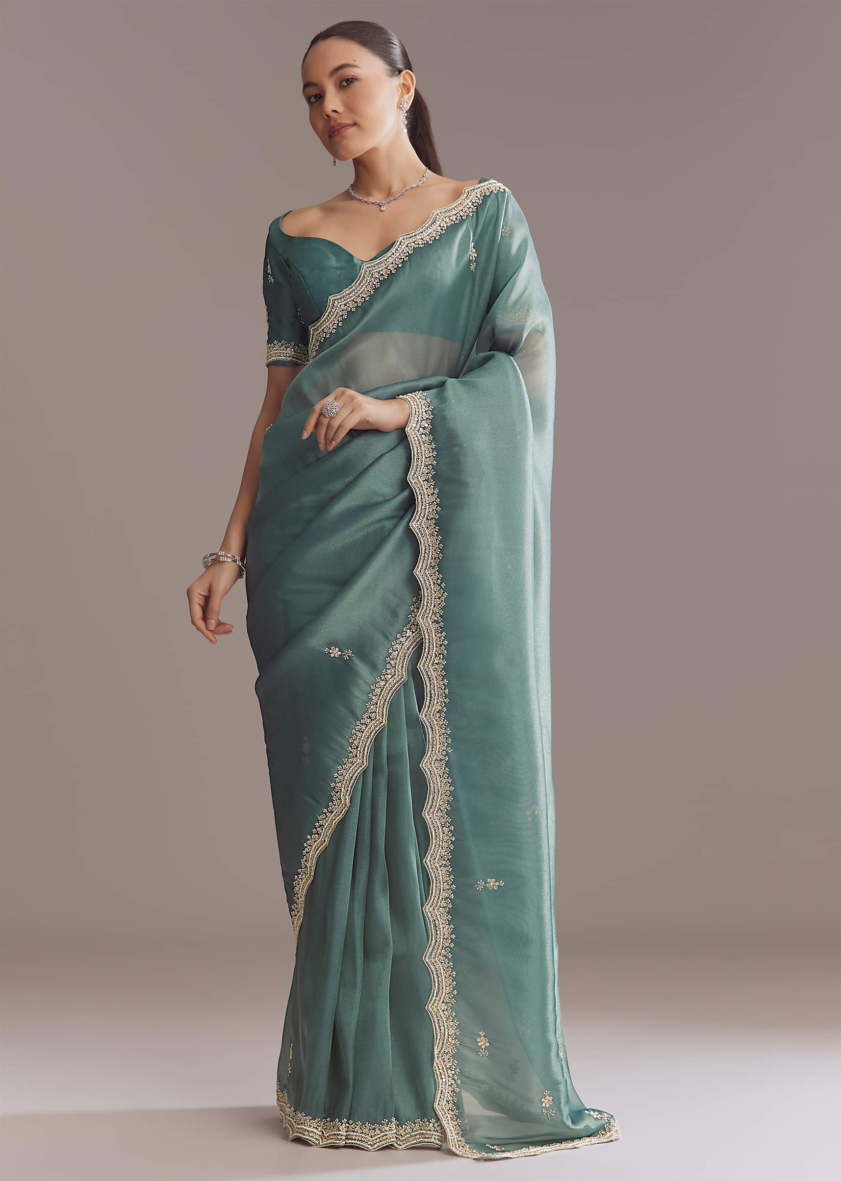 Teal Green Silk Saree With Bead And Sequin Embroidery - Image 2