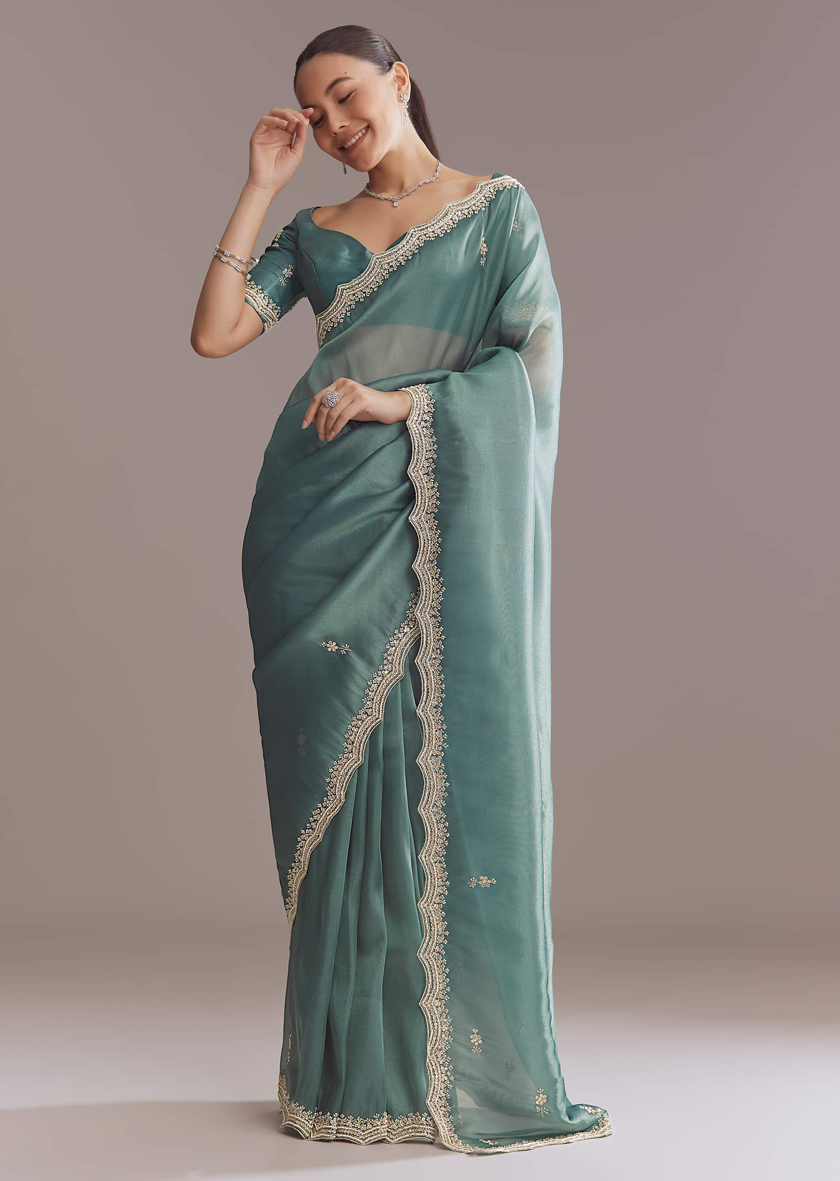 Teal Green Silk Saree With Bead And Sequin Embroidery - Image 4