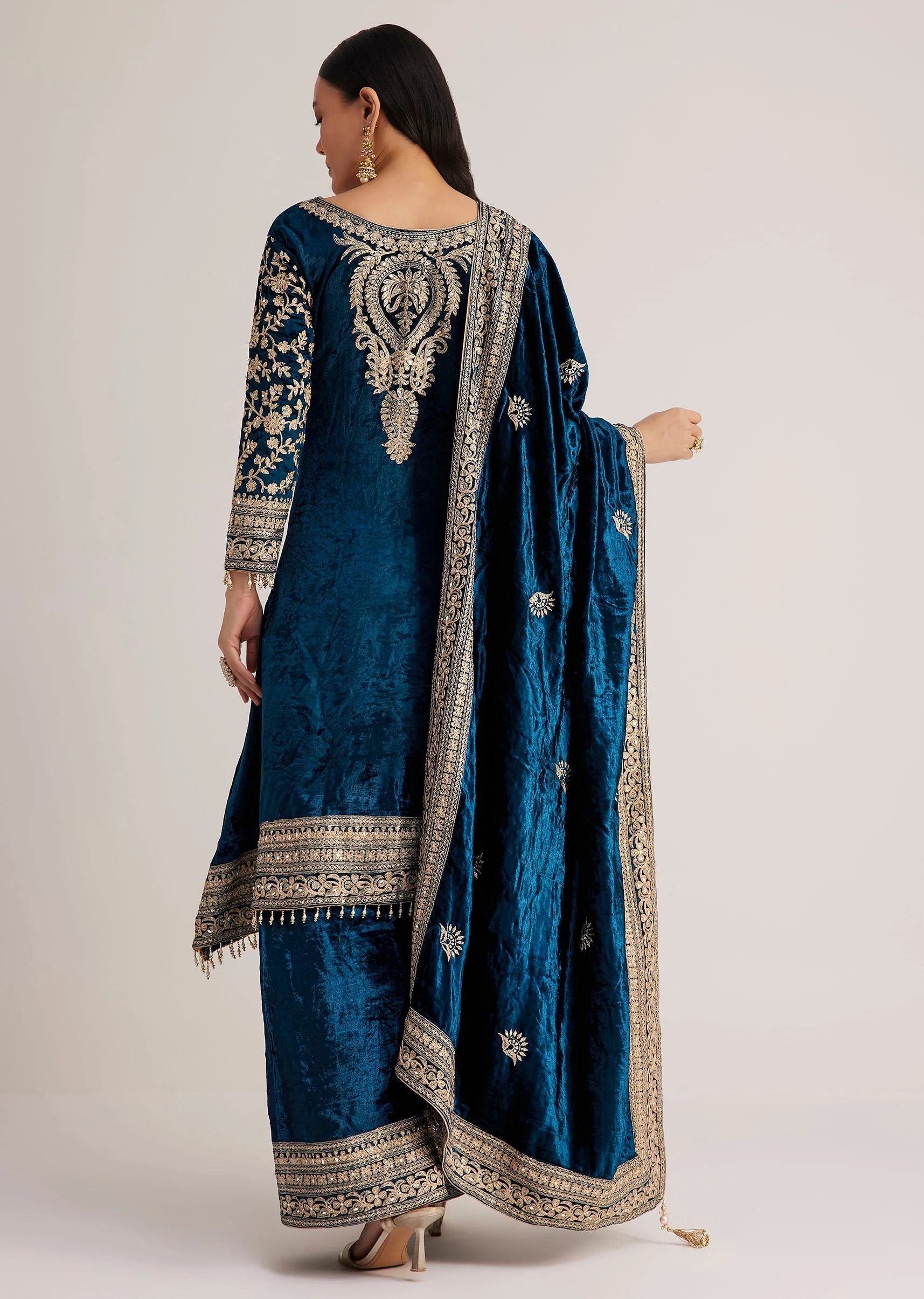 Teal Velvet Embroidered Palazzo Suit - Image 5