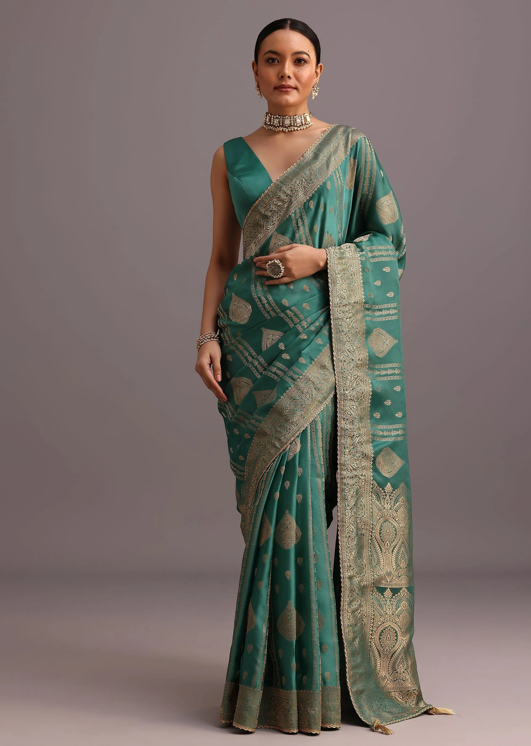 Teal Zari Work Satin Silk Woven Saree And Brocade Border - Image 3