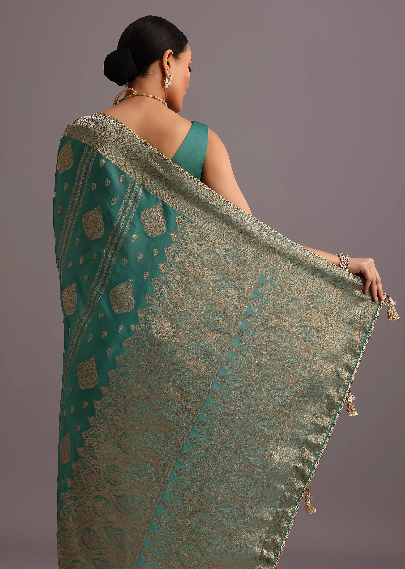 Teal Zari Work Satin Silk Woven Saree And Brocade Border - Image 6