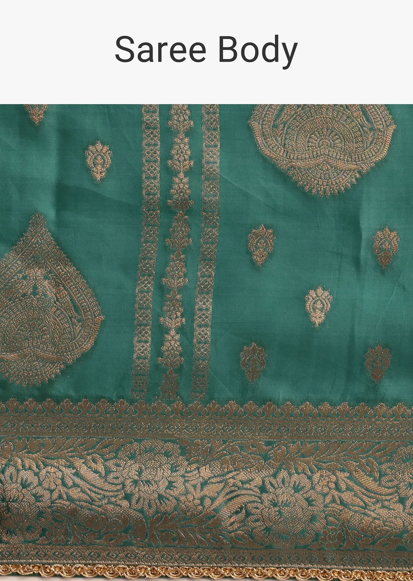 Teal Zari Work Satin Silk Woven Saree And Brocade Border - Image 9