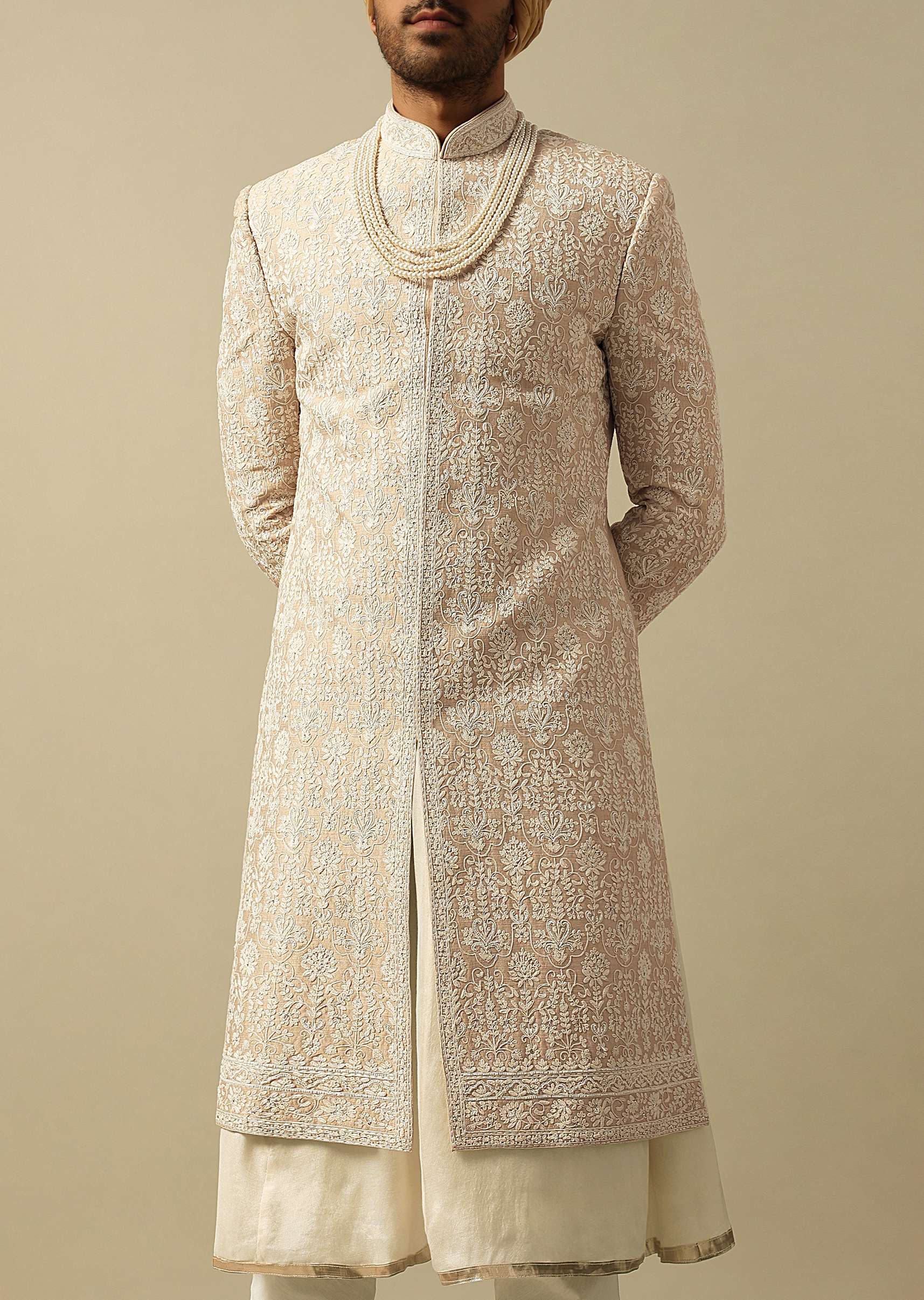 Timeless Beige Banarasi Silk Sherwani - Image 4